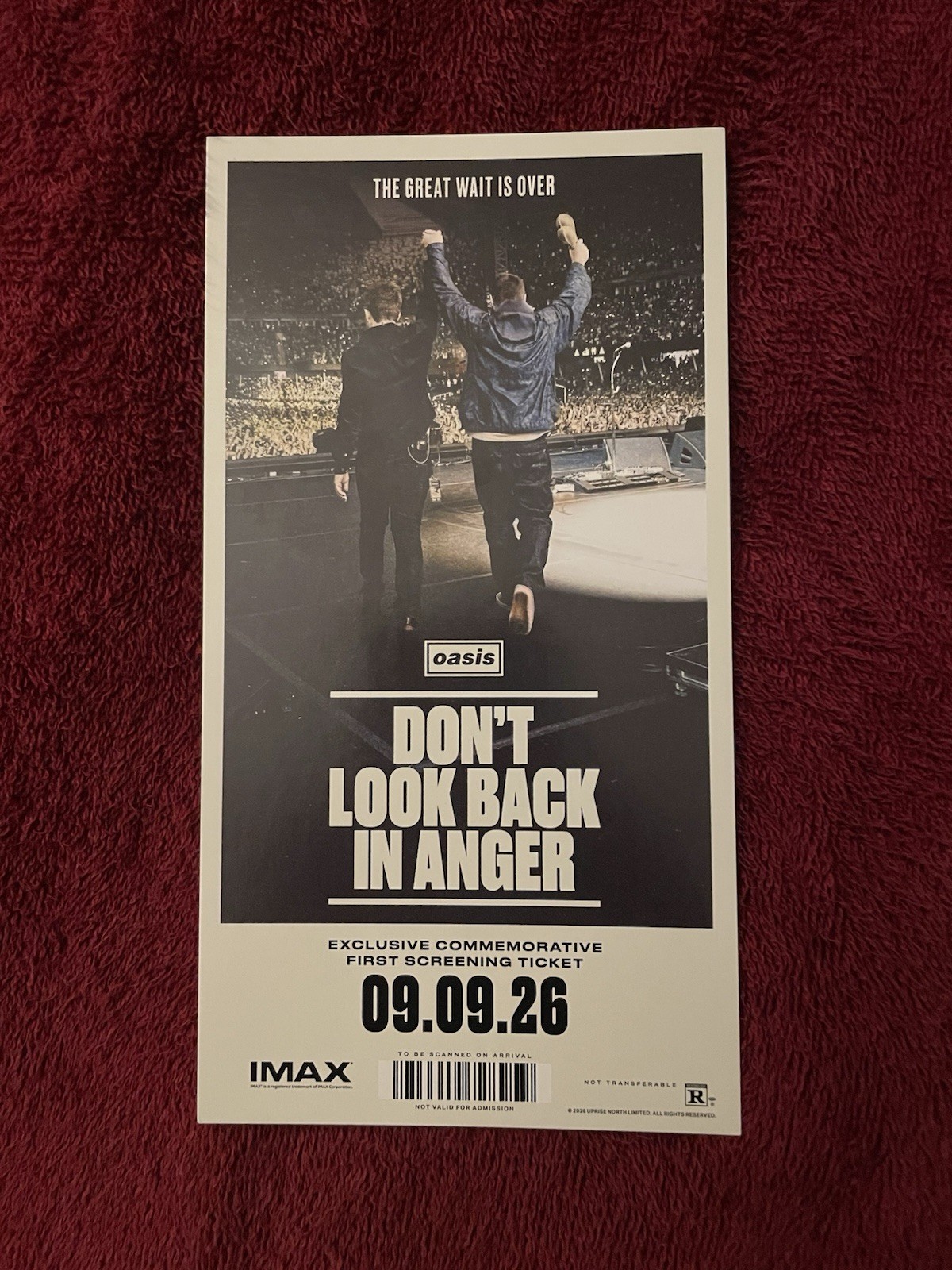 OASIS Don’t Look Back In Anger Collectible IMAX Movie Ticket 9/09/2026 LTD ED OASIS Don’t Look Back In Anger Collectible IMAX Movie Ticket 9/09/2026 LTD ED