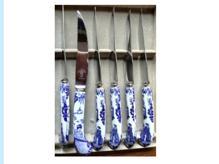 Six Knives, Royal Crown Derby, 1905, Stainless Steel, Painted Porcelain Handle Six Knives, Royal Crown Derby, 1905, Stainless Steel, Painted Porcelain Handle