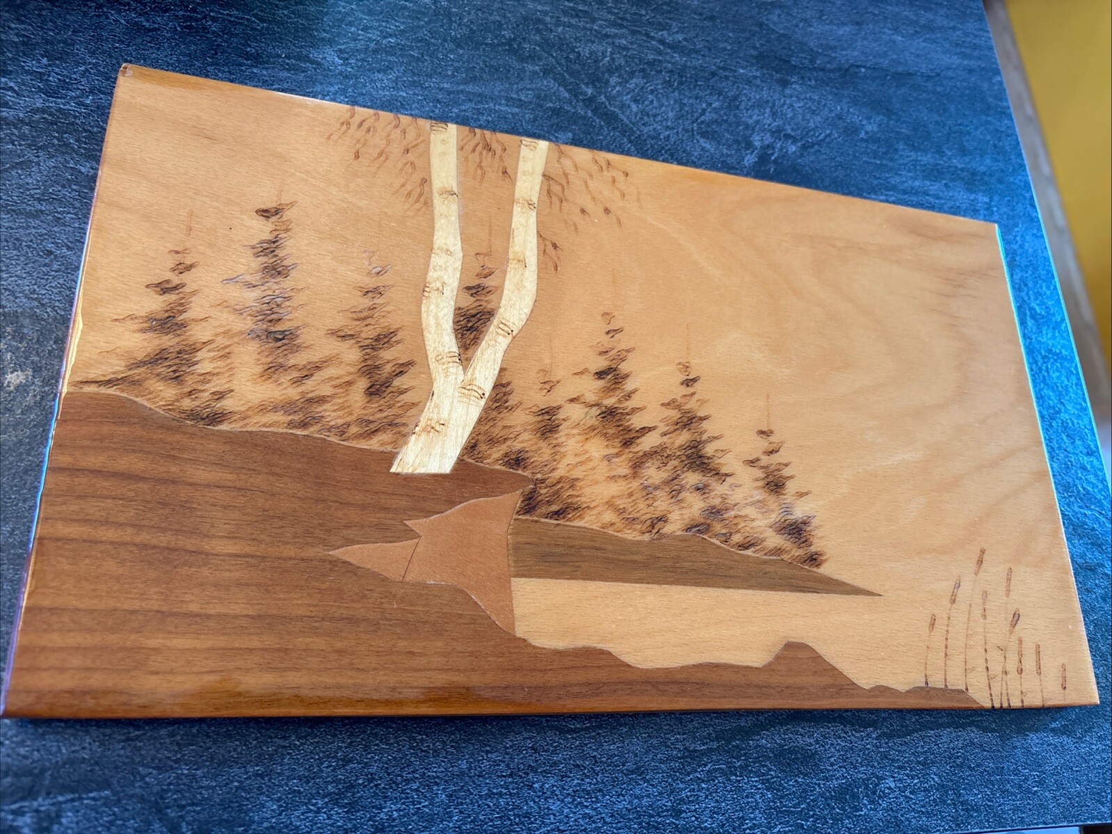 VINTAGE USSR RUSSIAN WOOD INLAY LANDSCAPE PICTURE Marquetry Trees Woods #N