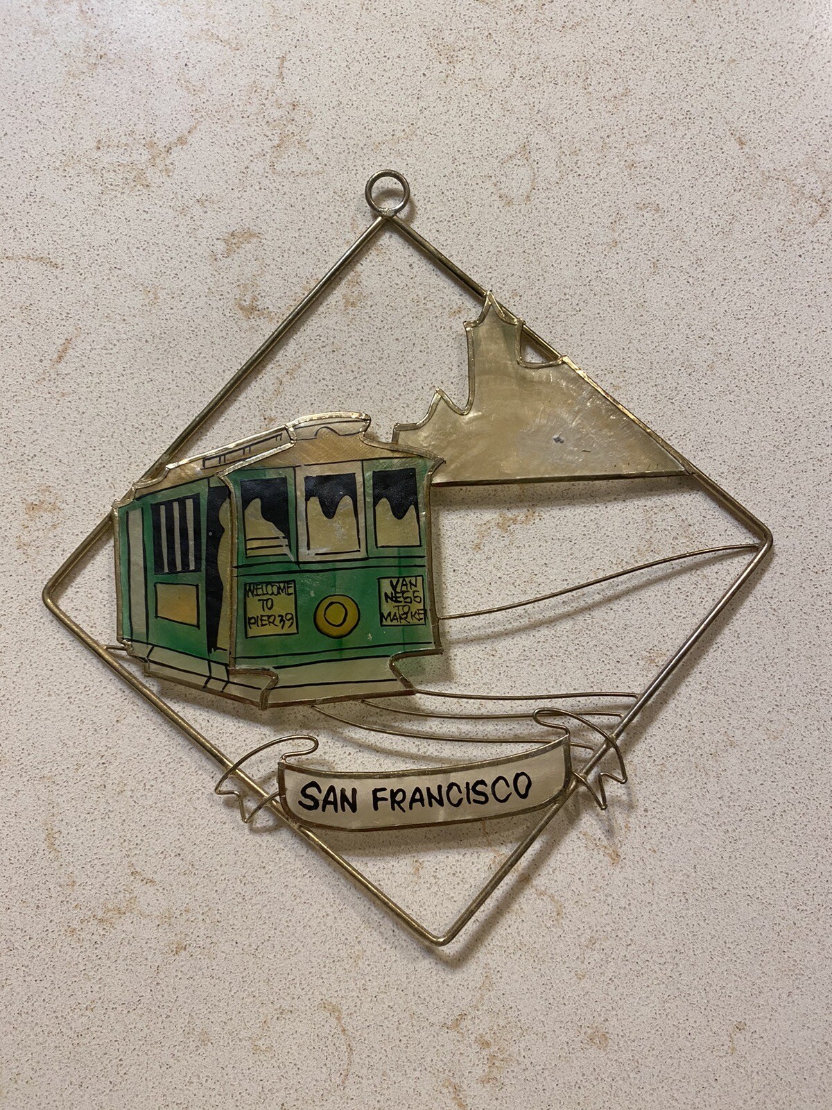 Vtg. Hanging Souvenir Sun Catcher San Francisco CA Trolley Car Mother of Pearl