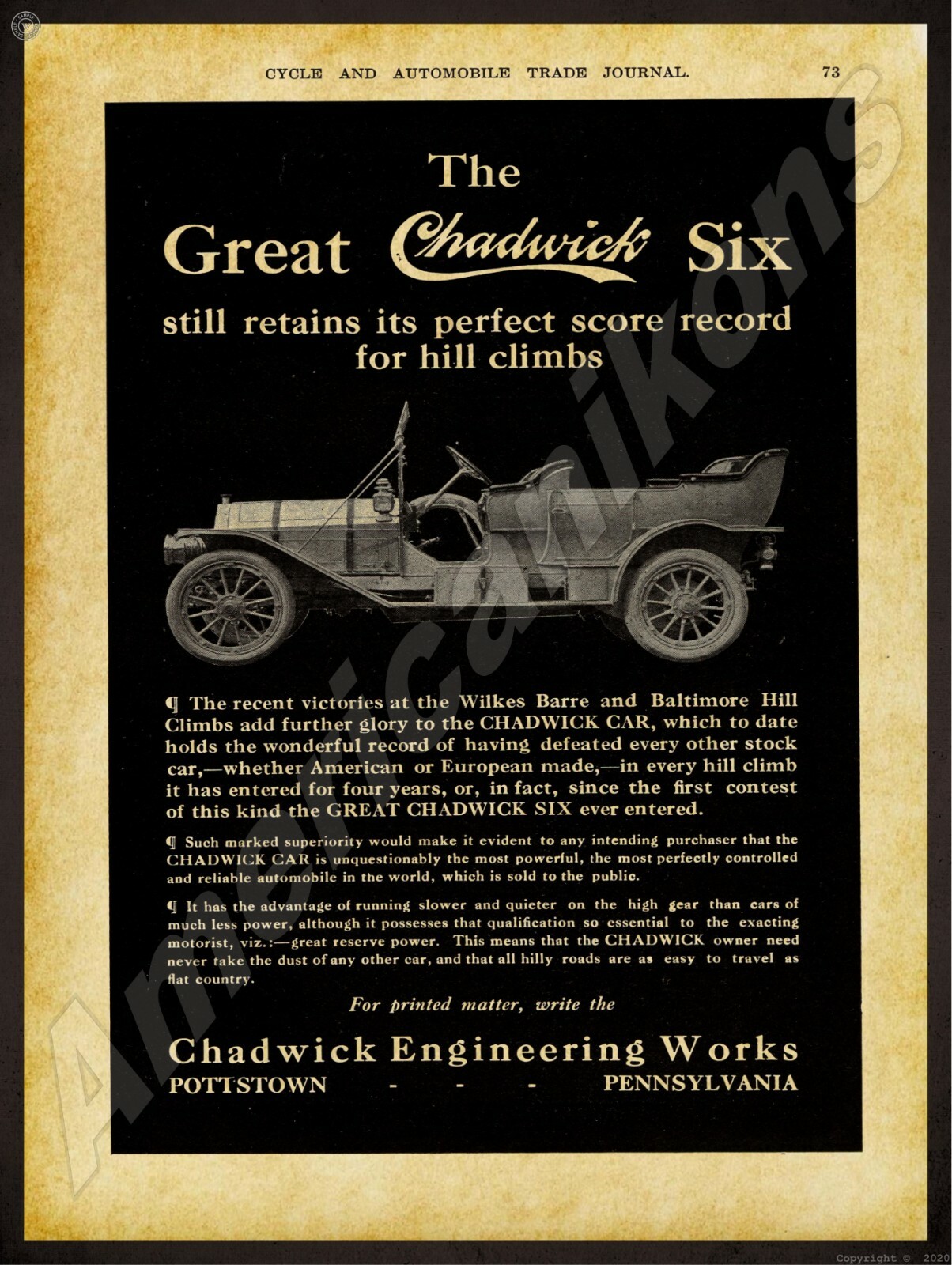 1911 Chadwick Six Motor Cars NEW Metal Sign 24\
