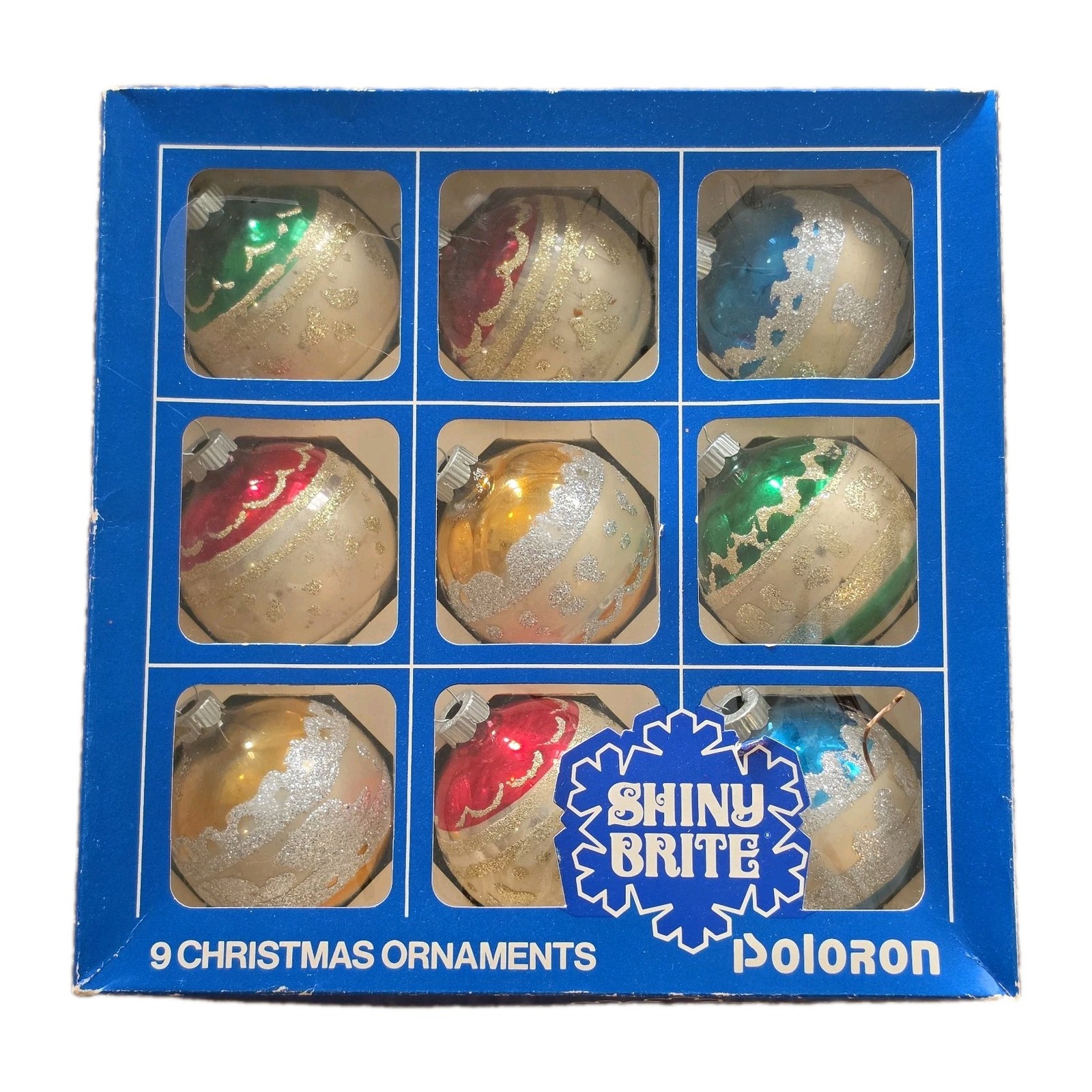 Vintage Box 9 Shiny Brite 2.25” Glitter Stenciled Glass Christmas Ornaments