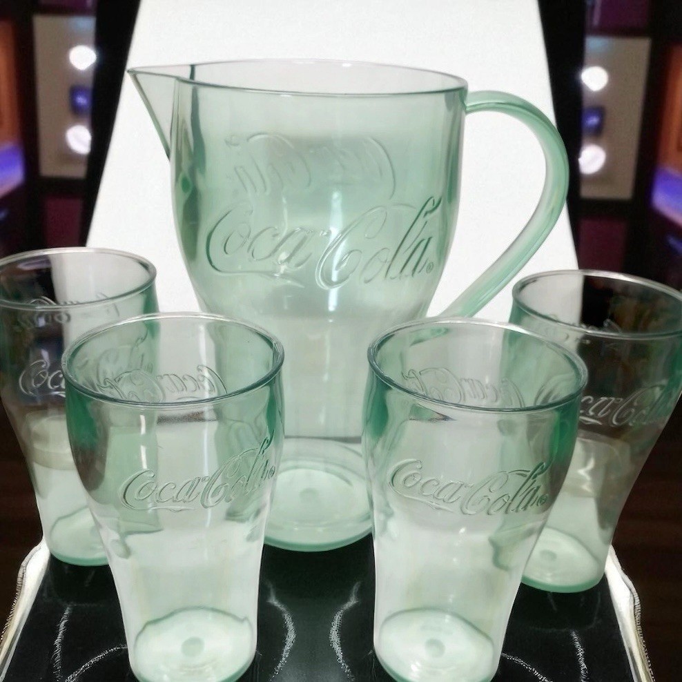 NIB Coca-Cola Bell Soda Set 5 Piece Pitcher & 4 Drinking Cups Plastic VTG NOS