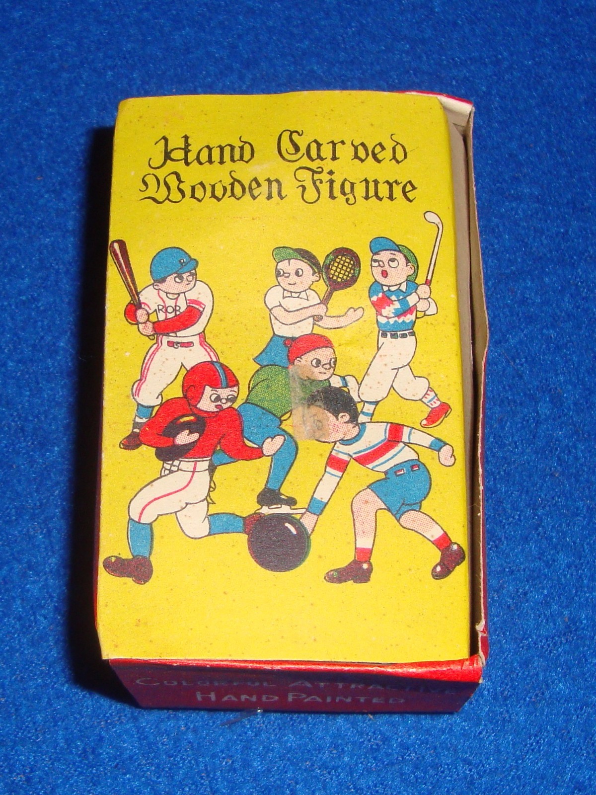 Vintage Hand Carved Wooden Sports Figure Nodder Bobblehead with Original Box