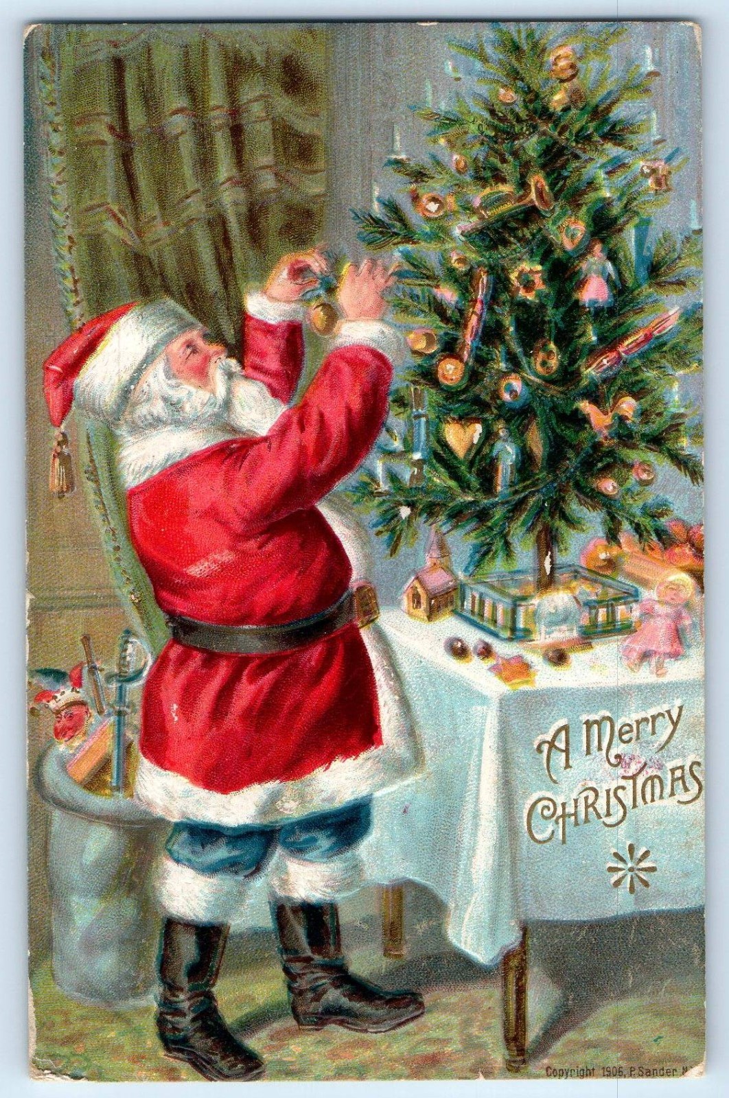 1908 Christmas Santa Claus Sack Of Toys Embossed Portsmouth NH Antique Postcard