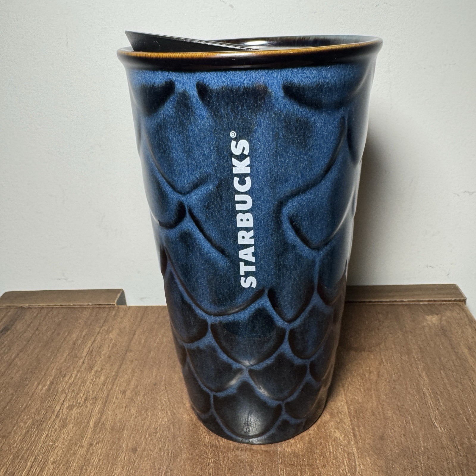 2017 Anniversary Starbucks Mermaid Blue Scales 10 oz Ceramic Travel Tumbler wLid
