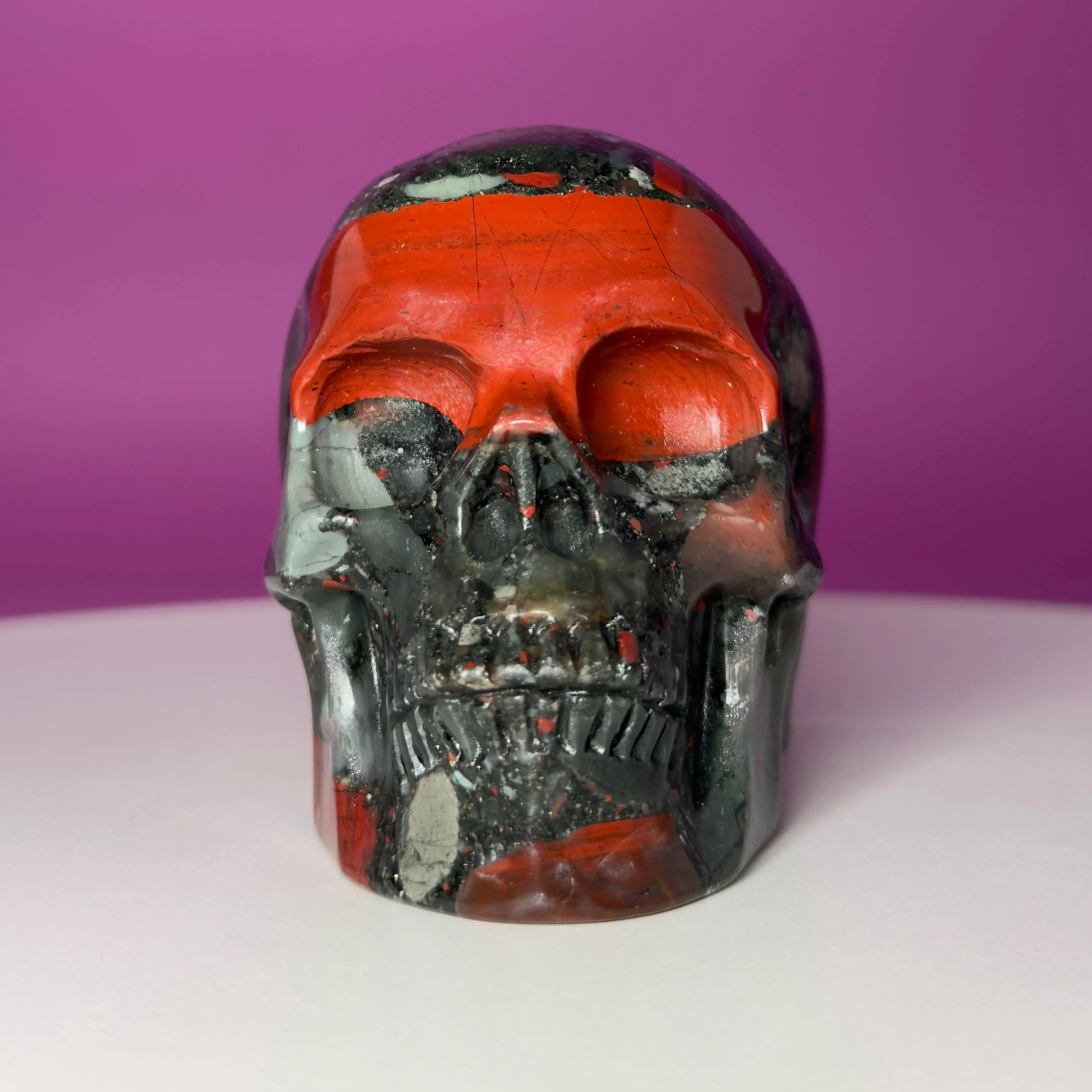 African Bloodstone Skull Carving – 483g Natural Stone Skull