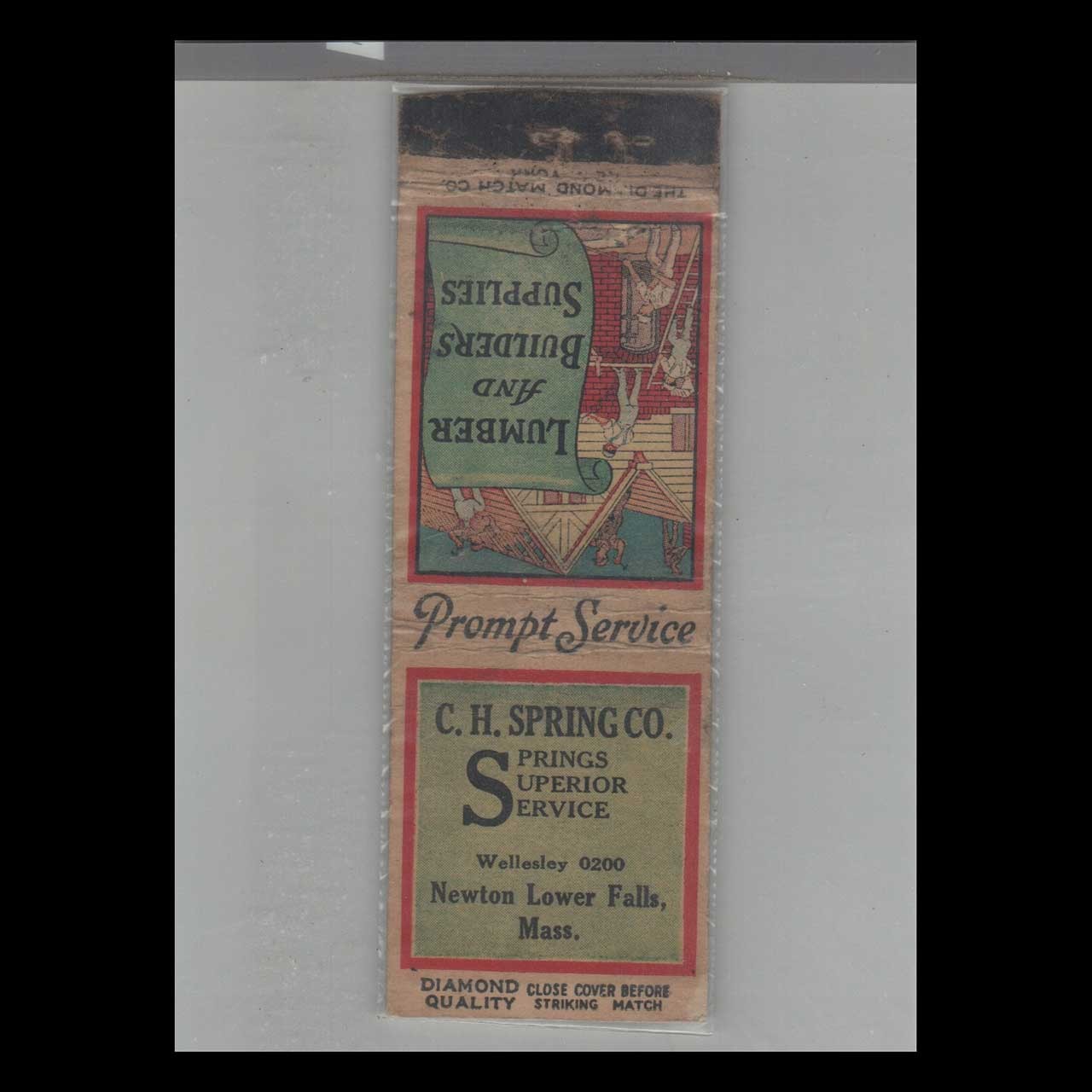 Matchbook Cover 1930s Diamond Quality C.H. Spring Co. Newton Lower Falls, MA