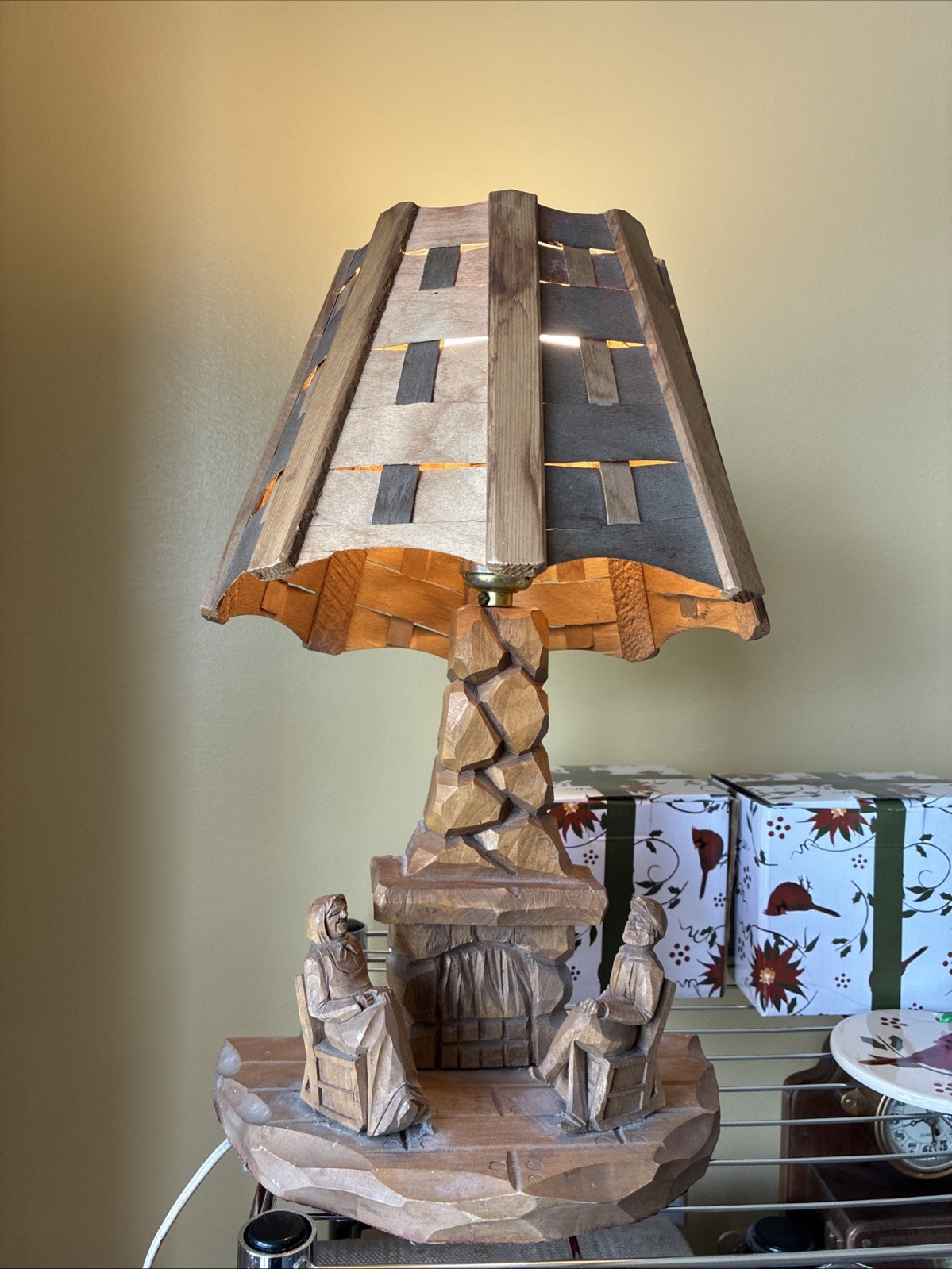 Asian Oriental Hand Carved Wood Vintage Folk Art Lamp. Vintage Goodness Asian Oriental Hand Carved Wood Vintage Folk Art Lamp. Vintage Goodness