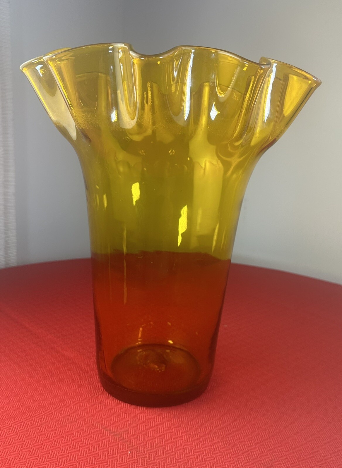 Huge Mid Century Amber Art Glass Vase Ruffled Top Edges Hand Blown Glass Decor Huge Mid Century Amber Art Glass Vase Ruffled Top Edges Hand Blown Glass Decor