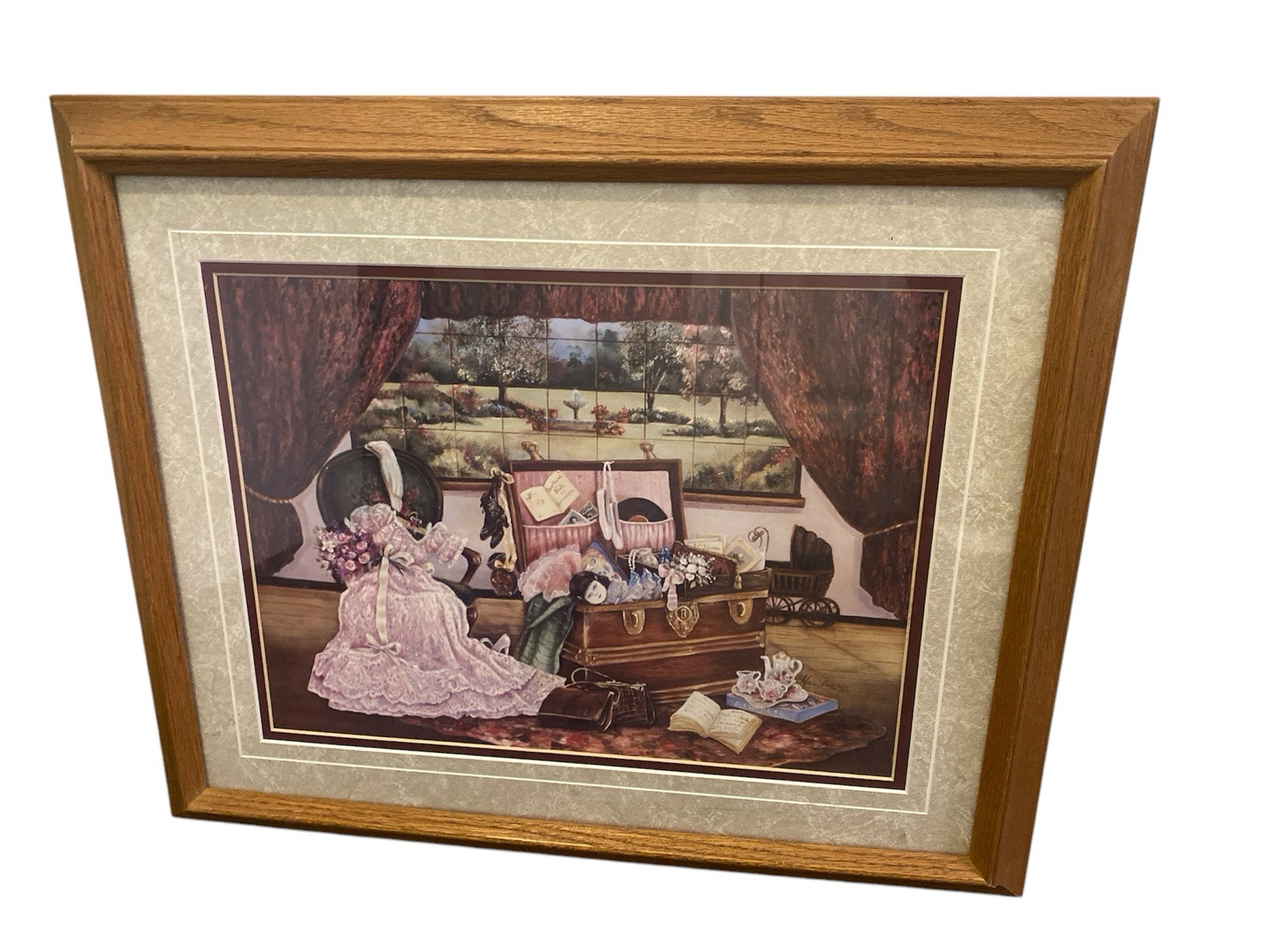 Vintage Framed Painting By Gamboa Dressing room w/ trunk full & beautiful dress