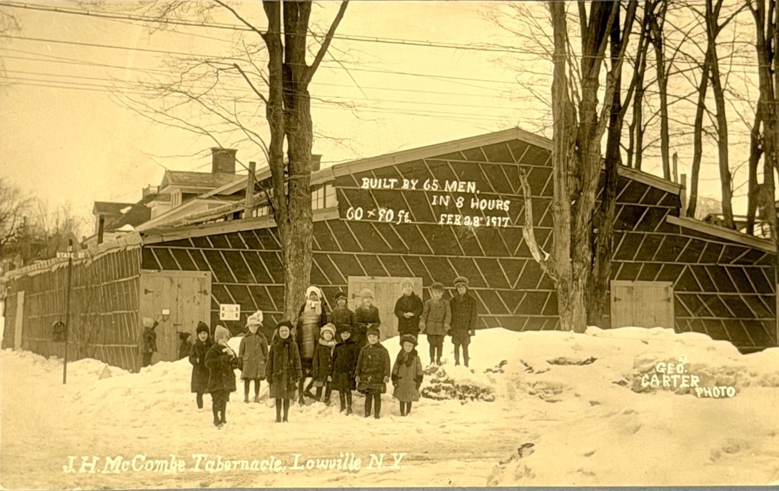 1917 Lowville NY JH McCombe Tabernacle Revival Construction Kids RPPC Postcard
