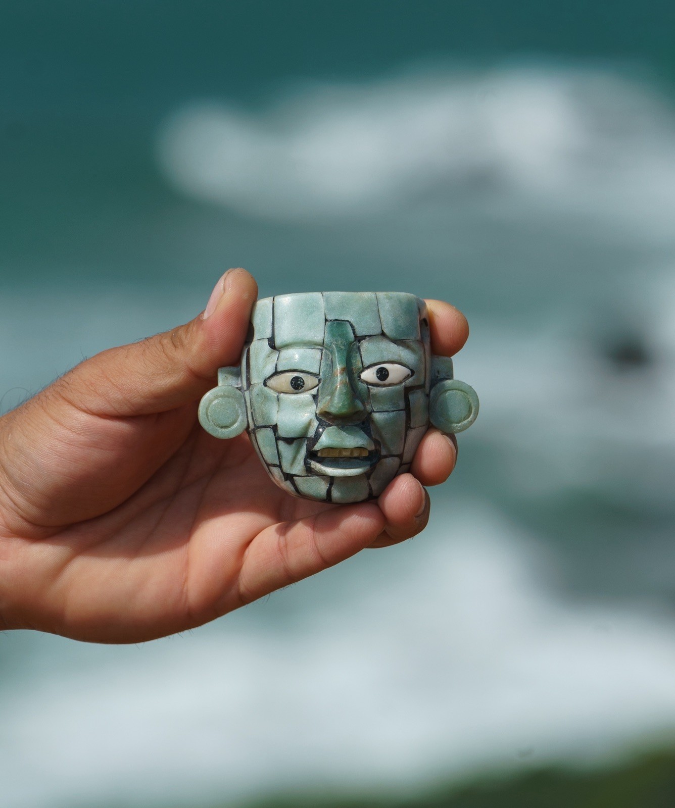 Handcrafted Tehotihiacan Mayan Mosaic   aventurineMask pendent  One of a kind 