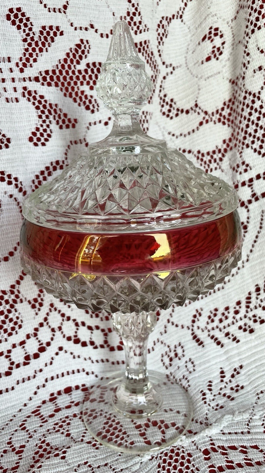 Diamond Point Ruby Red 12” Compote With Lid by Indiana Glass