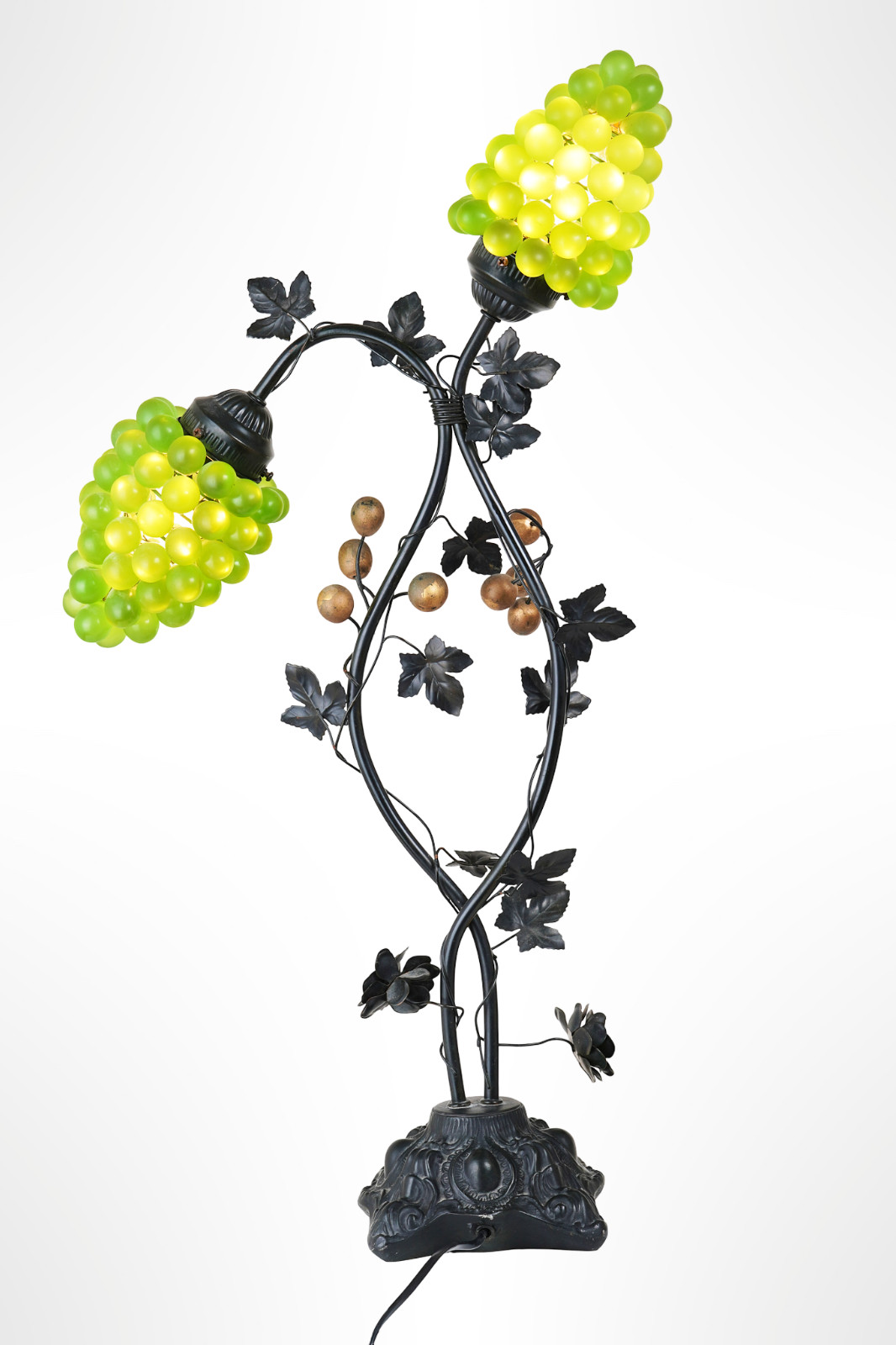Vintage French Art Deco Grape Cluster Table Lamp, 2 Lights, Wrought Iron Design