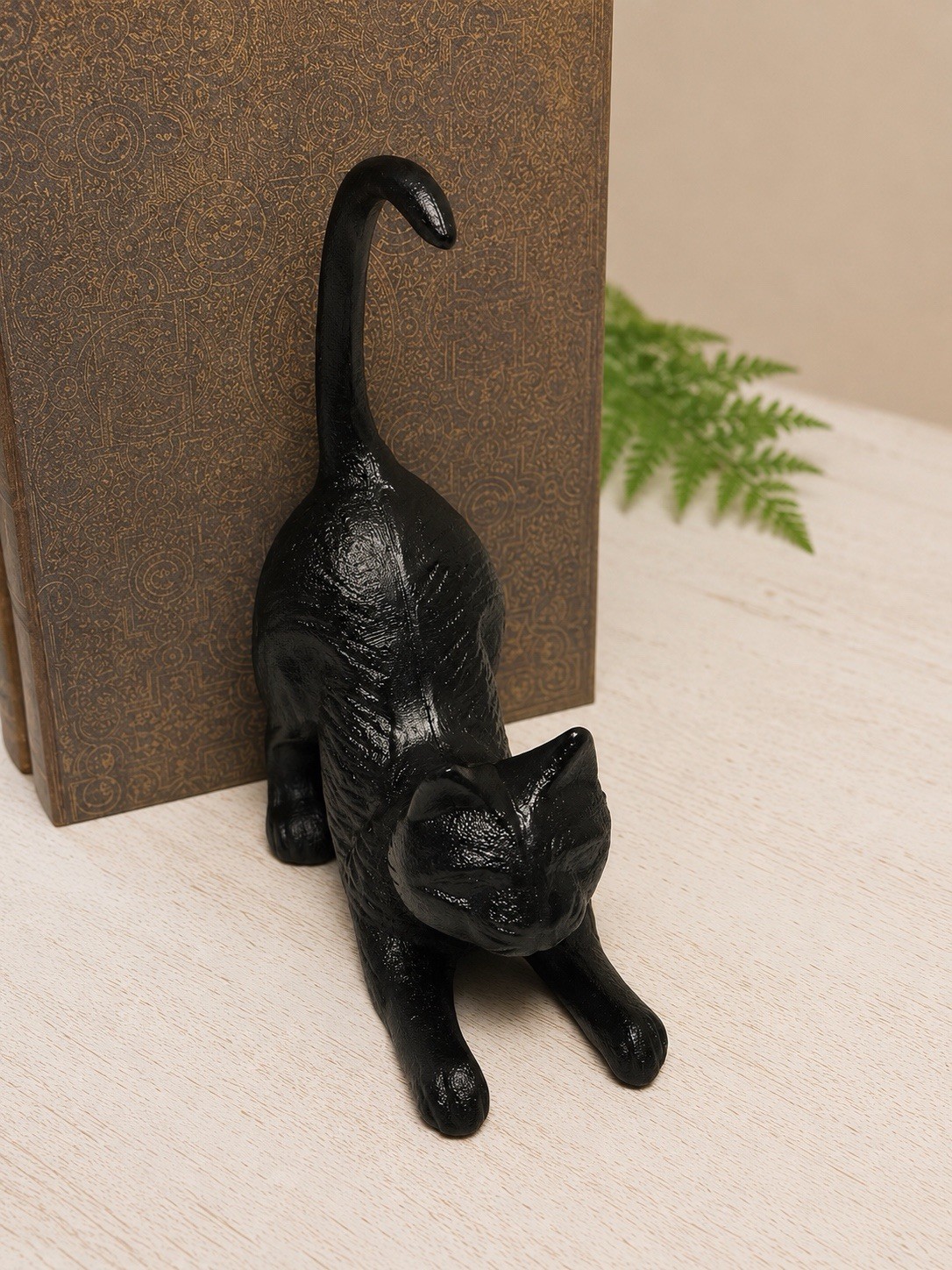 Cast Iron Playful Black Cat Figurine Heavy Duty Antique Style Decor & Bookend