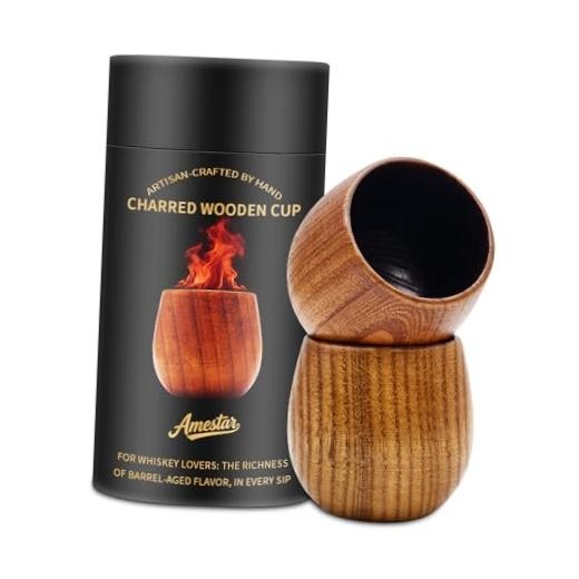 2 Pack Charred Wooden Bourbon Drinking Glass, Whiskey Rock Tumbler, Heavy
