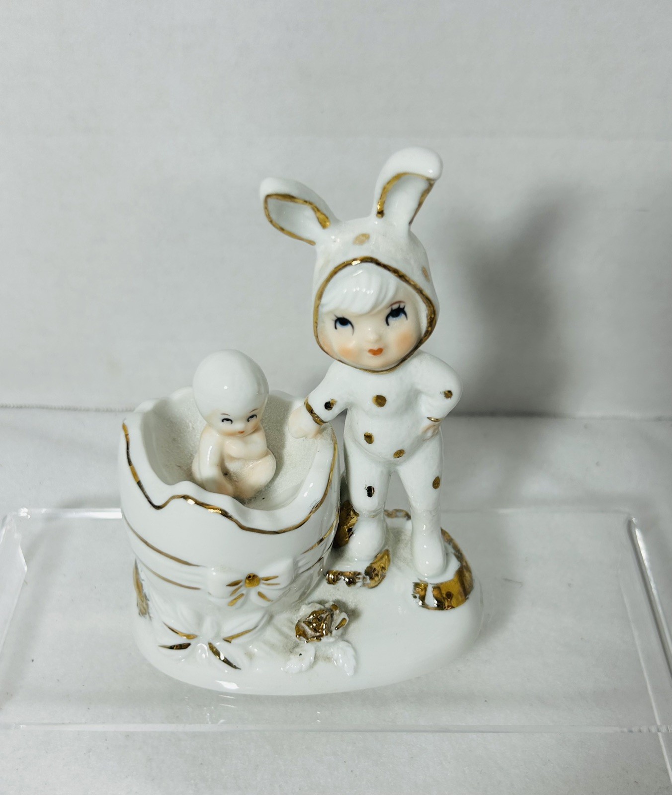 Vintage Kitschy Easter Bunny W/ Cracked Egg  with Baby Gold Trim figurine.