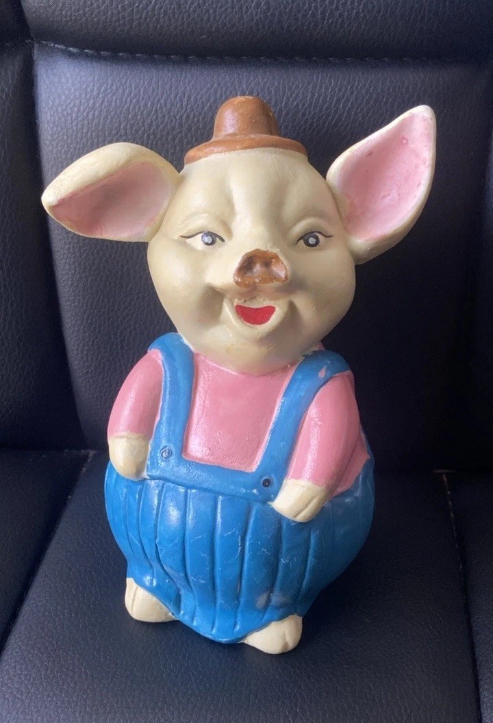 Vintage Piggy Bank Ceramic Pig In Overalls  6” Tall Made In China 1960’s 