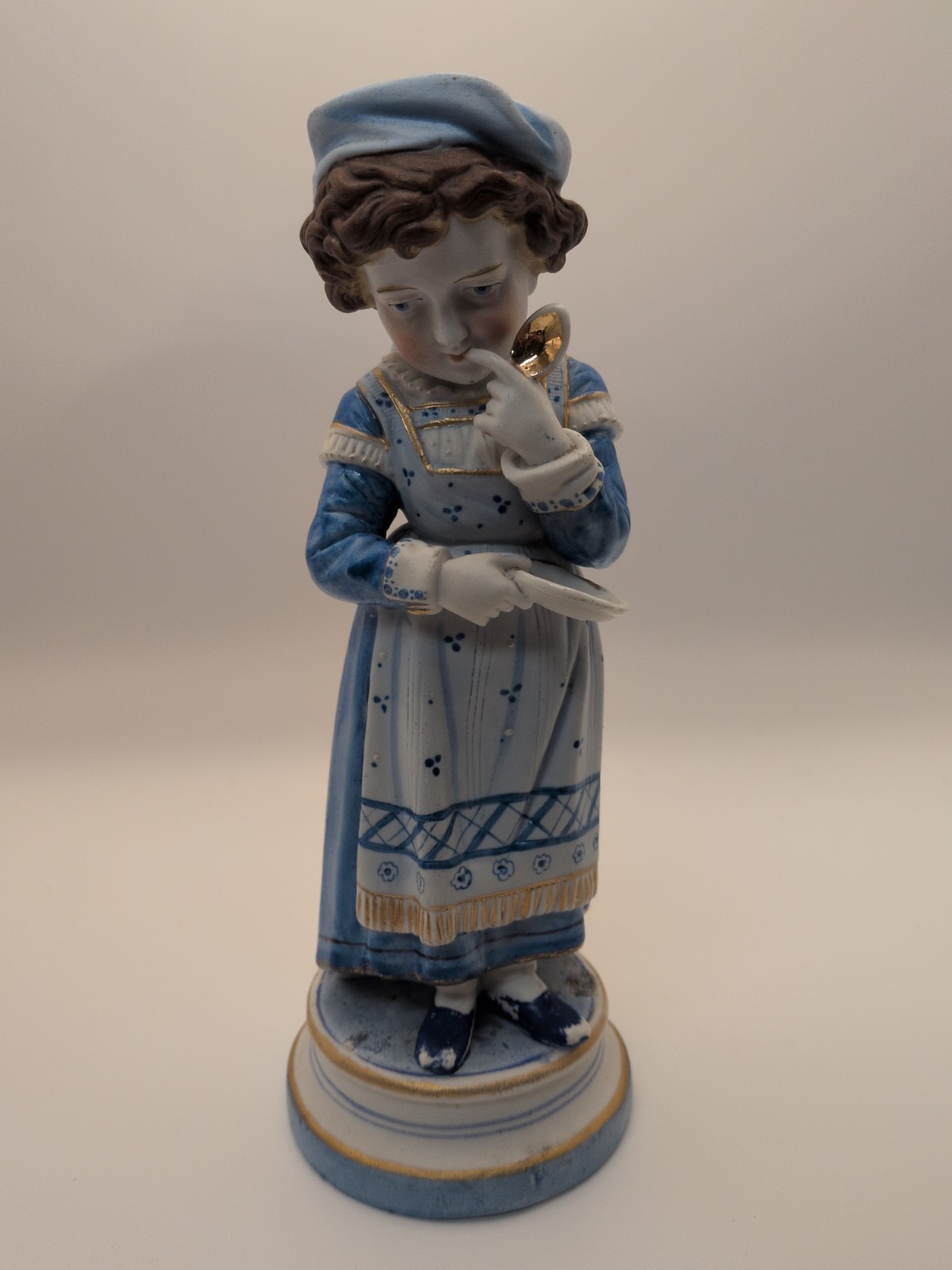 Antique Continental Bisque Figurine Hungry Child w/ A Spoon