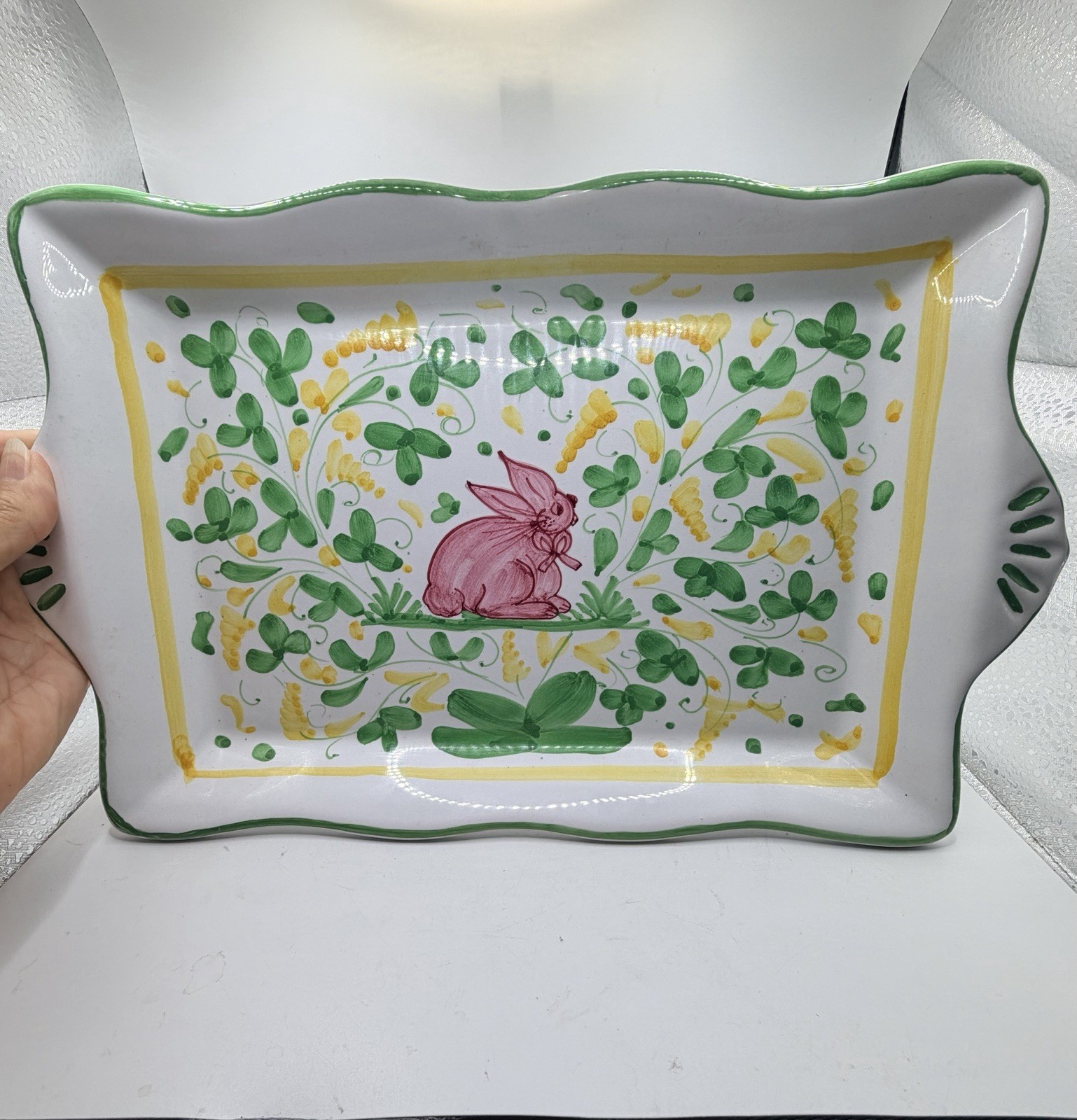 Vntg Italian Pottery Tray Platter Hand Painted Pink Easter Bunny, Made in Italy Vntg Italian Pottery Tray Platter Hand Painted Pink Easter Bunny, Made in Italy