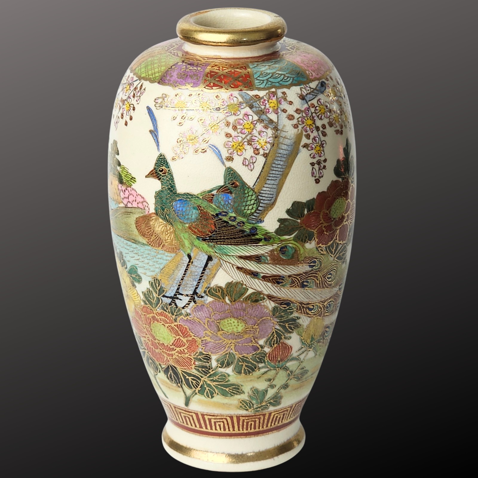 Antique Satsuma Shimazu Clan Mark Vase Hand Paint Peacock Floral Gold Leaf