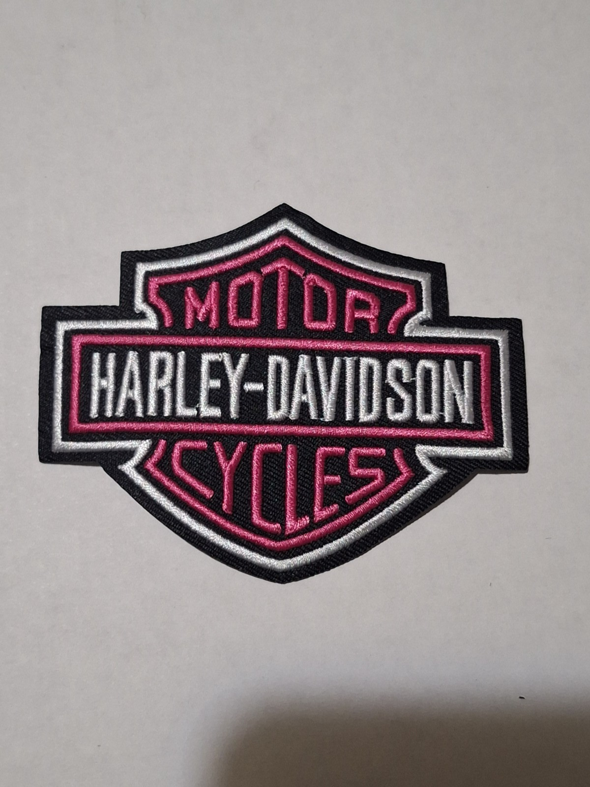 Embroidered Harley-Davidson Shield Iron On Patch Pink and White