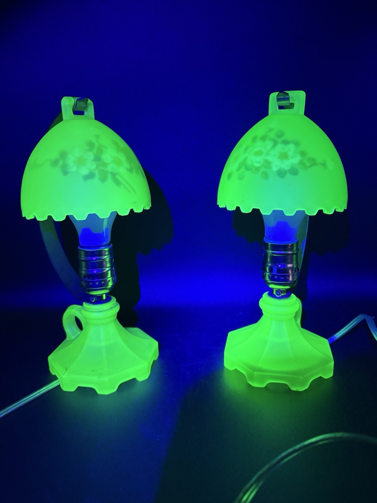 2 Houzex Green Uranium Glass Boudoir Finger Lamps.