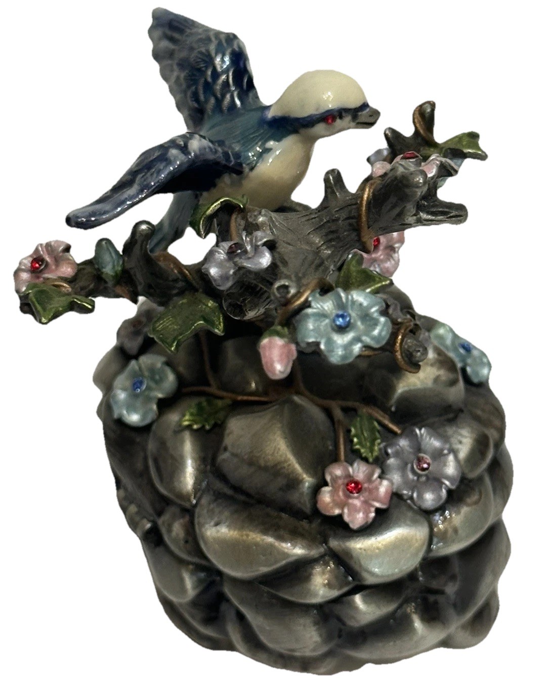 STUNNNIG VTG Pewter Crystal Bird Flowers Trinket Box Enameled SO PRETTY