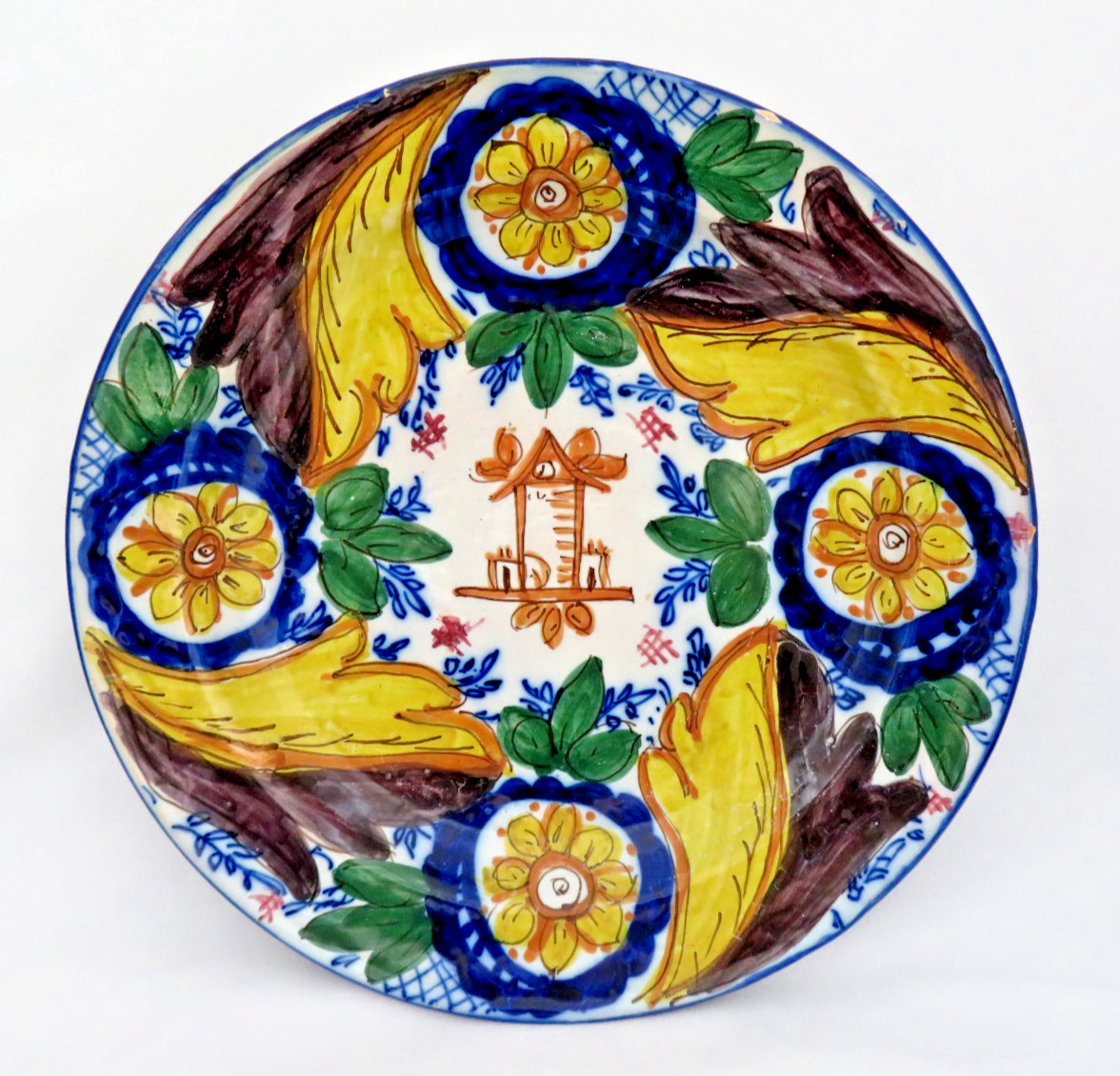Antique 1800s Large Faience Majolica Pottery Platter Manises Spain FLORAL 12 1/2