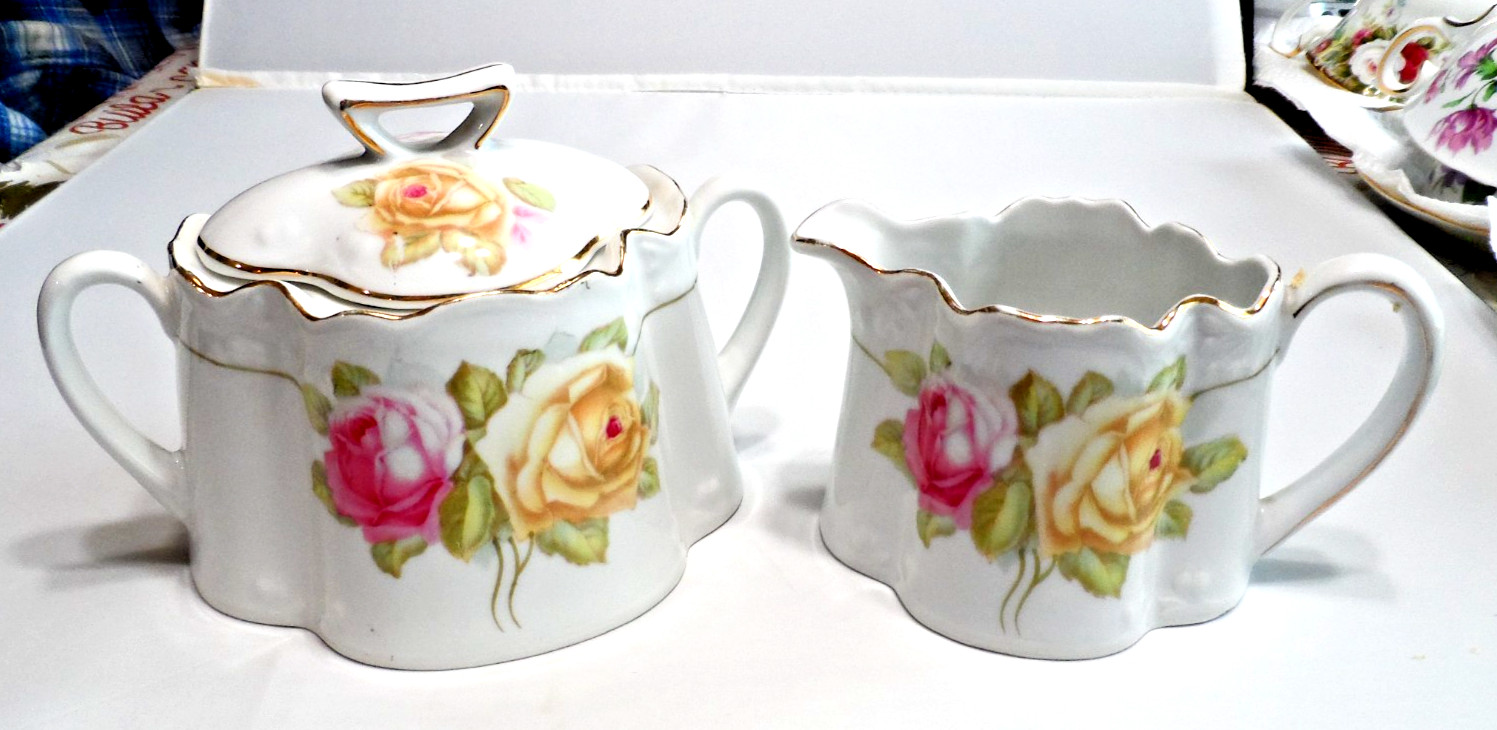 Antique Z.S. & Co. Bavaria Porcelain Sugar Bowl & Creamer Set Pink Yellow Roses Antique Z.S. & Co. Bavaria Porcelain Sugar Bowl & Creamer Set Pink Yellow Roses