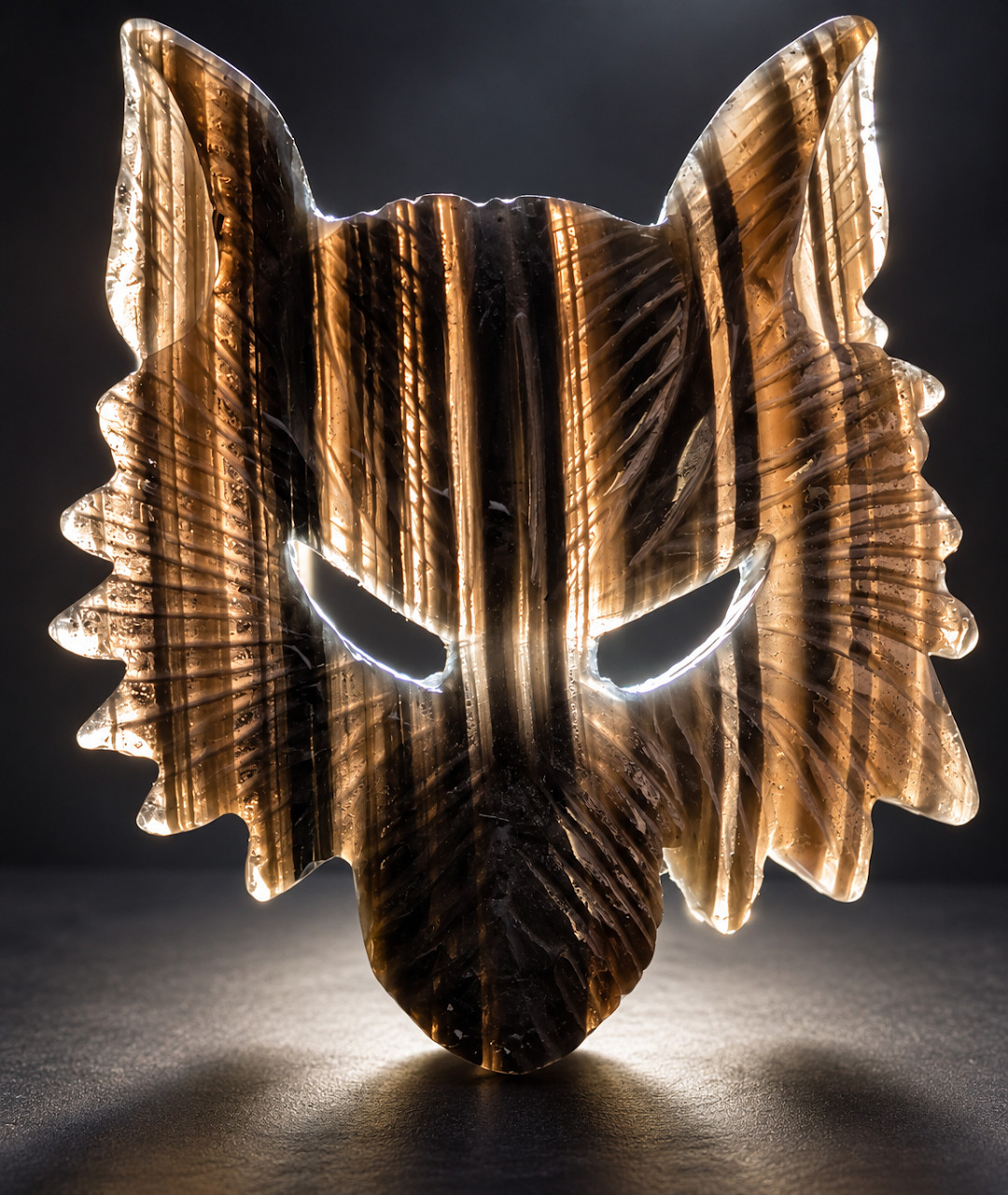 Striking Hand-Carved Wolf Mask-- Black Banded Obsidian -- 9 cm -- Stand Included