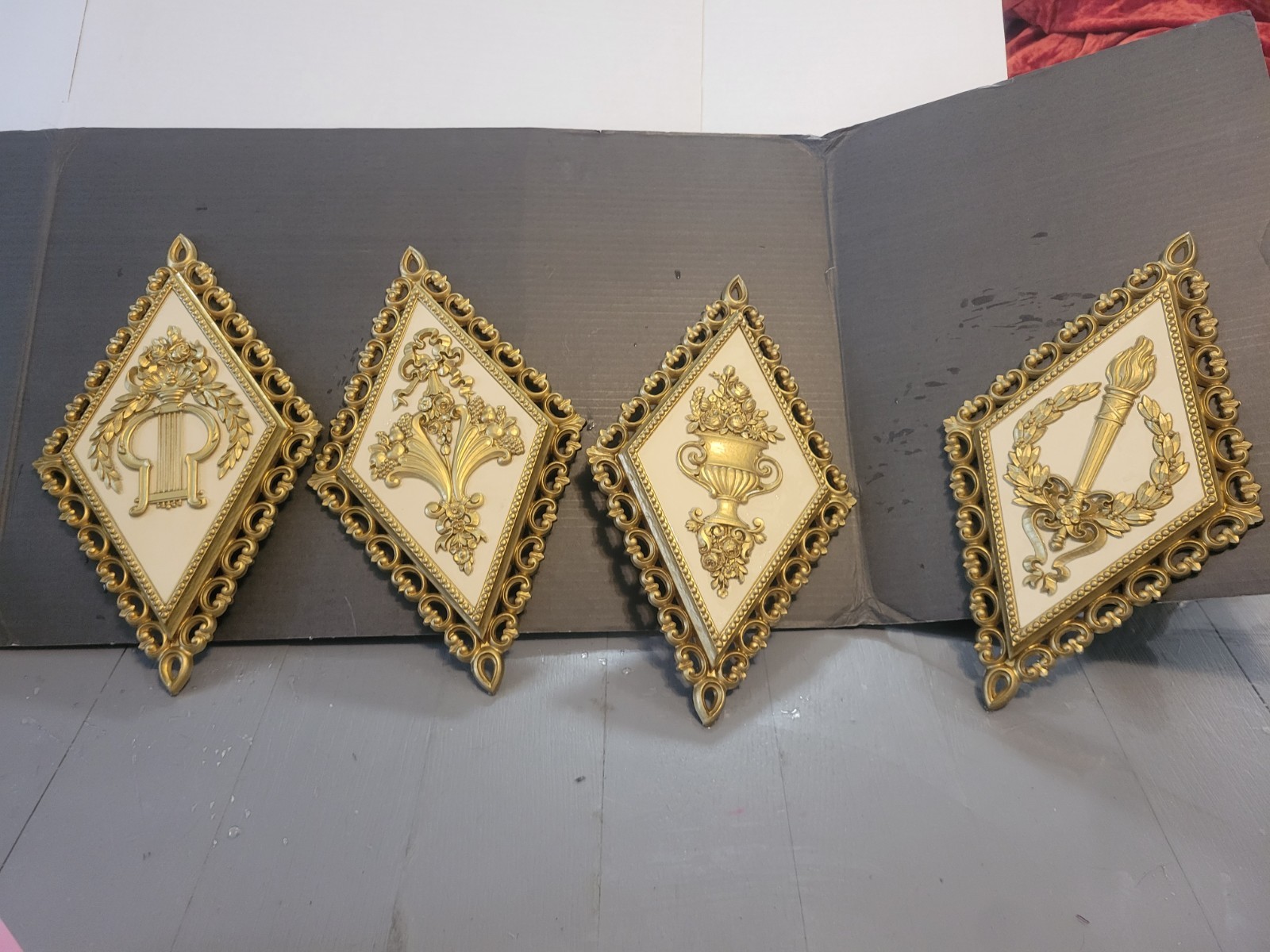 1971 Homco Vtg Hollywood Regency Set Of 4 Diamond Shape Gold Wall Decor