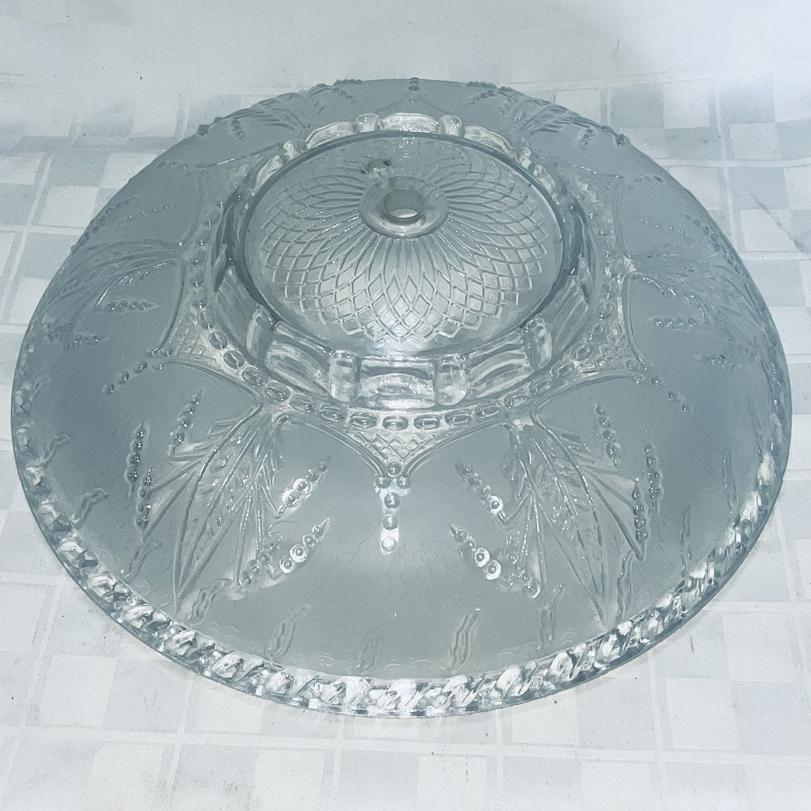 Vintage 12” Clear Frosted Floral Glass Light Shade 2-Hole Ceiling Fixture HEAVY