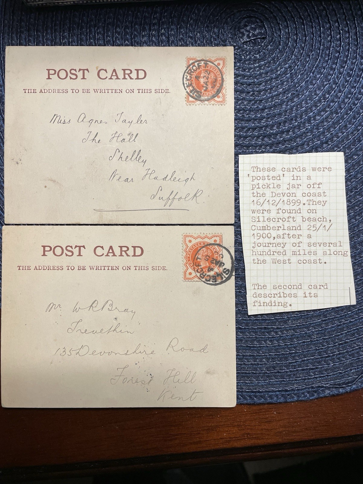 1899 1900 SILECROFT BOTTLE POSTCARDS Ocean Mail Devon Cumberland Postal History