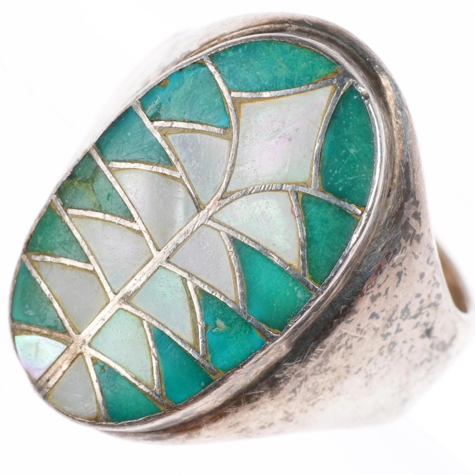 sz14 big vintage Edward & Pablita Quam turquoise/shell inlaid size 14 men\'s ring