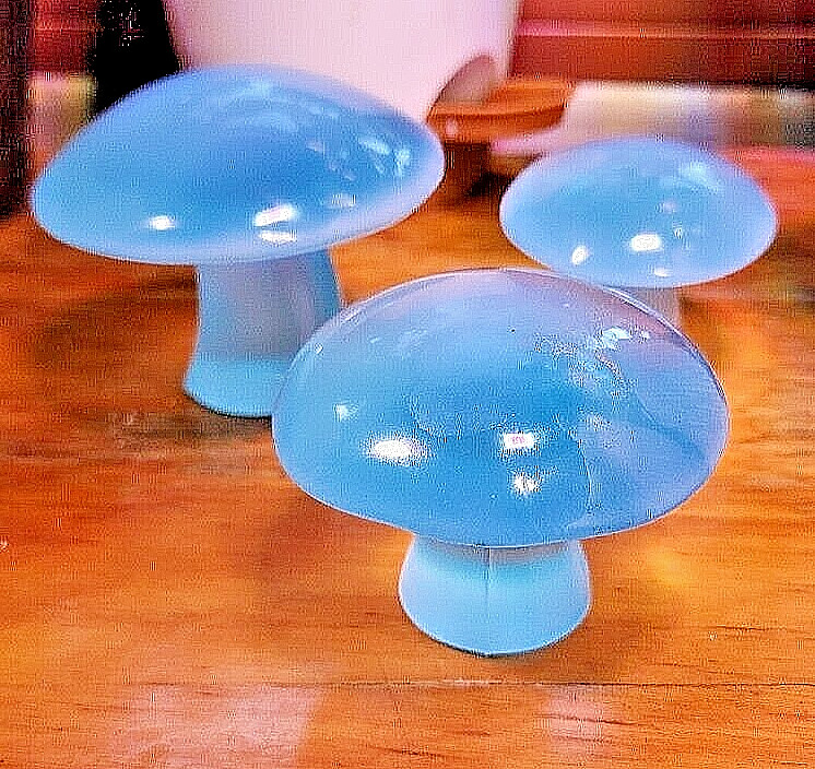 Viking Glass Mushroom Set Blue Opalescent Glass Mushrooms 3 Piece Set By Mosser