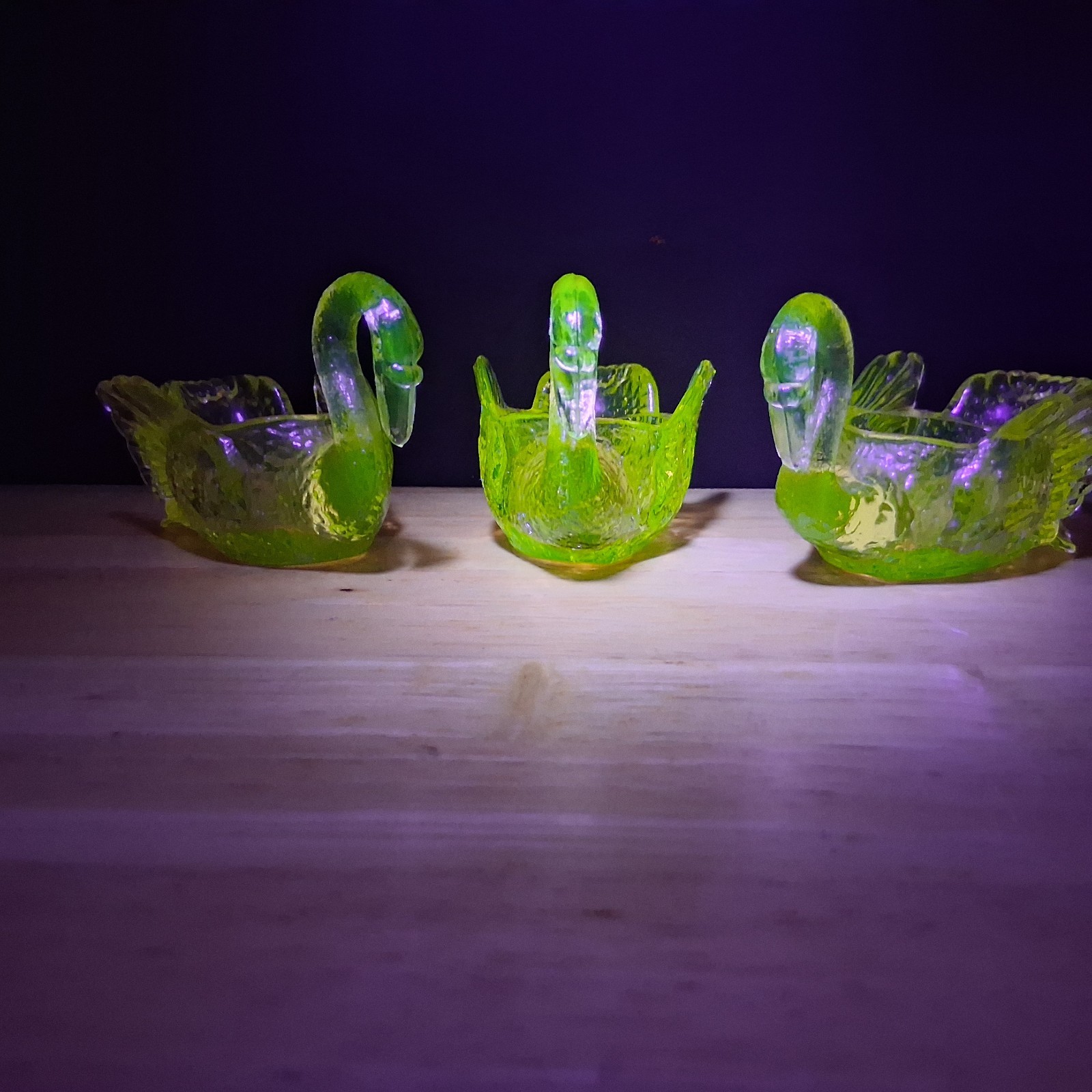 Lot Of (3) Cambridge Glass Yellow Swan Open Salts  Vaseline Uranium UV Reactive 