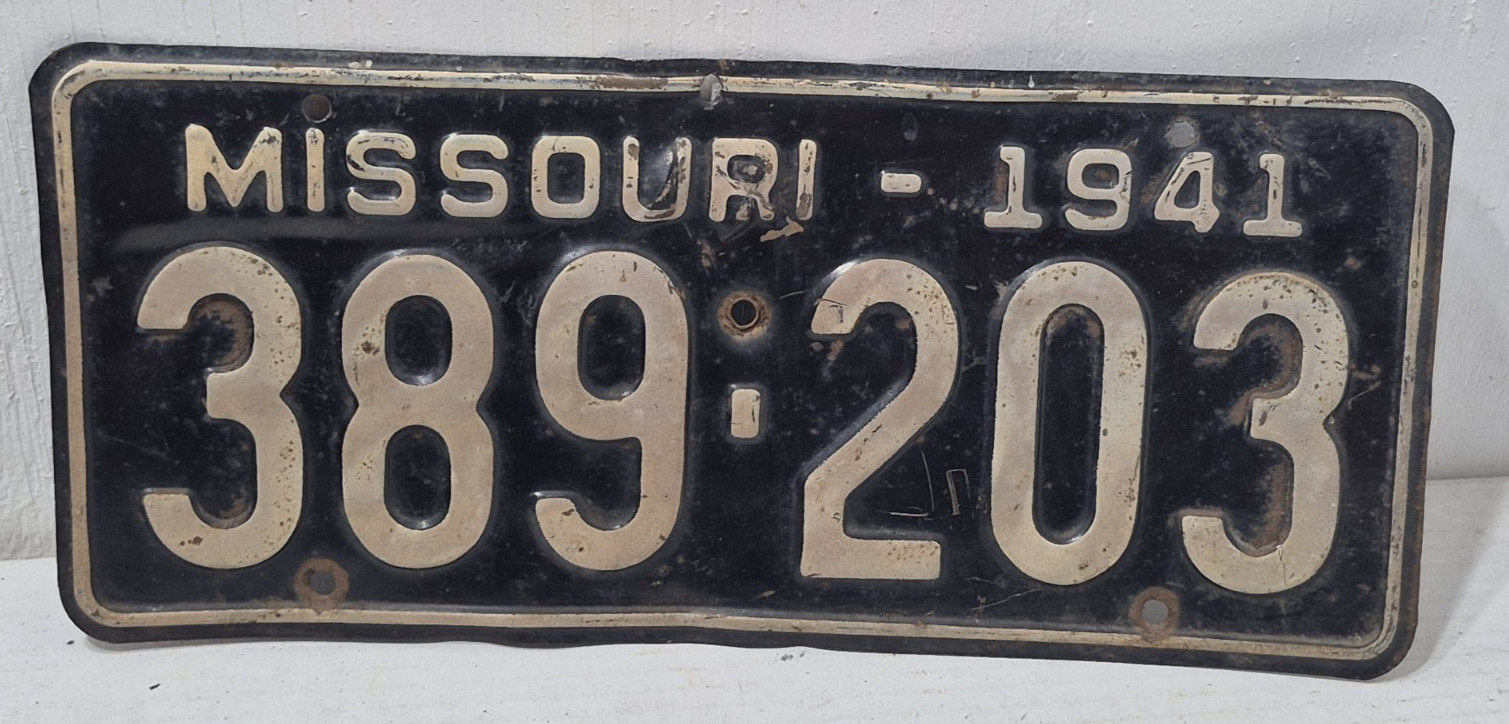 1941 Missouri License Plate 389-203 MO USA Vintage Antique Rustic 1940s Car