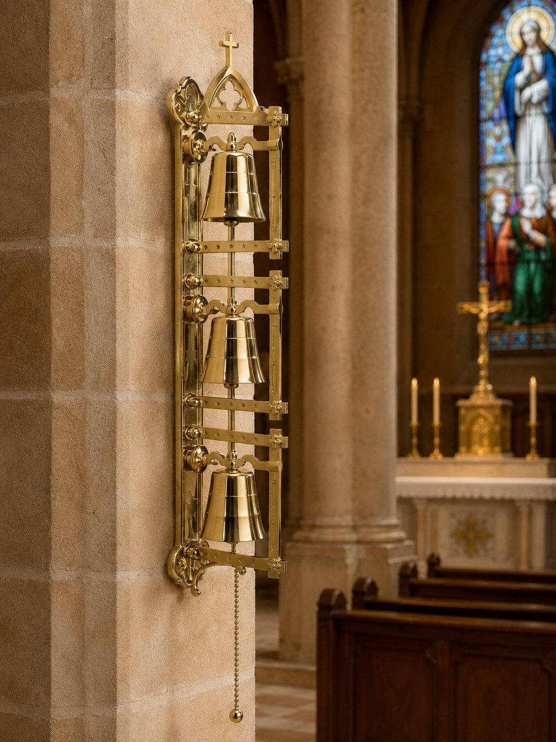 High Polished Brass Three Cup Wall Bell With Cross Top And 70\