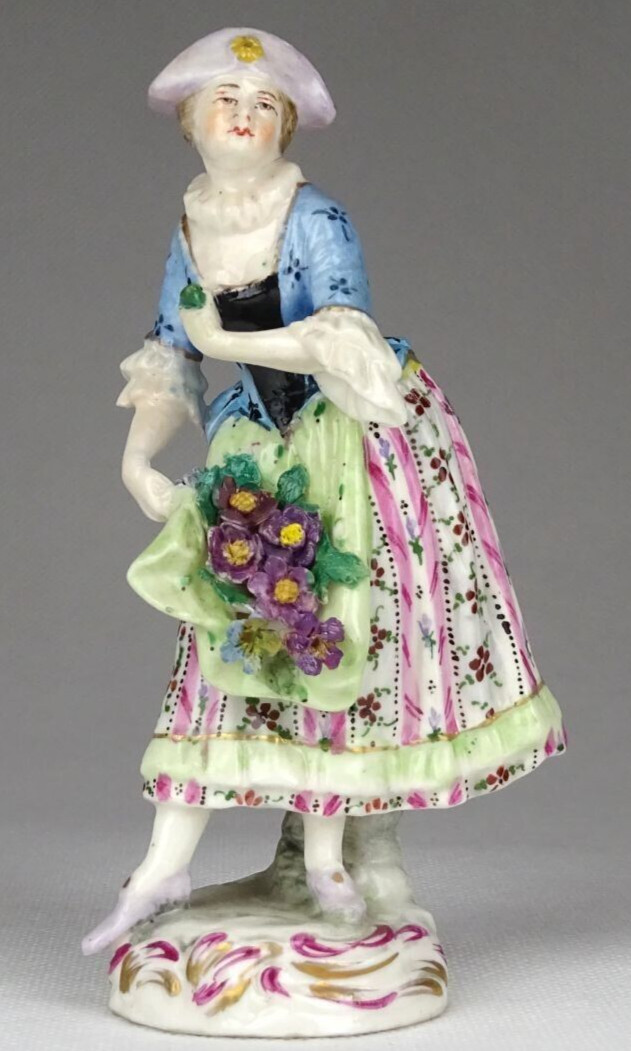 Rare Antique FRENCH WOMAN FLOWER SELLER IN HAT PORCELAIN FIGURINE Height 12 CM