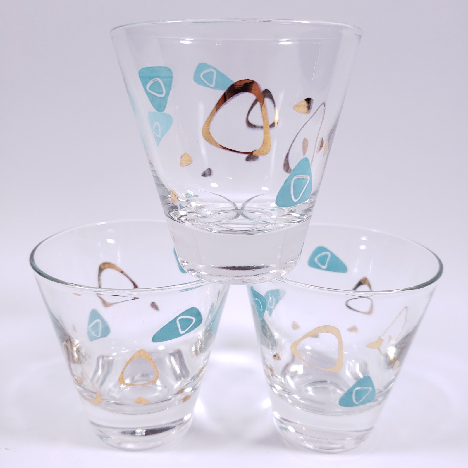 Vtg MCM Federal Glass Gold Turquoise Atomic Amoeba Boomerang SHOT GLASS SET