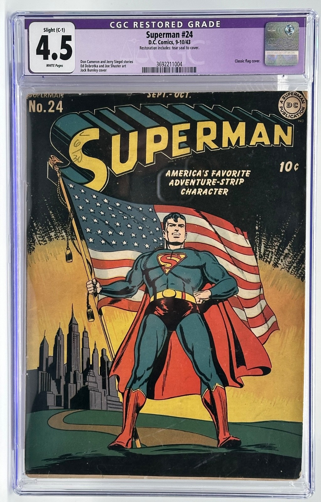 Superman 24 CGC 4.5 R (Slight C-1) White Pages DC Comics 1943 Classic Flag Cover Superman 24 CGC 4.5 R (Slight C-1) White Pages DC Comics 1943 Classic Flag Cover