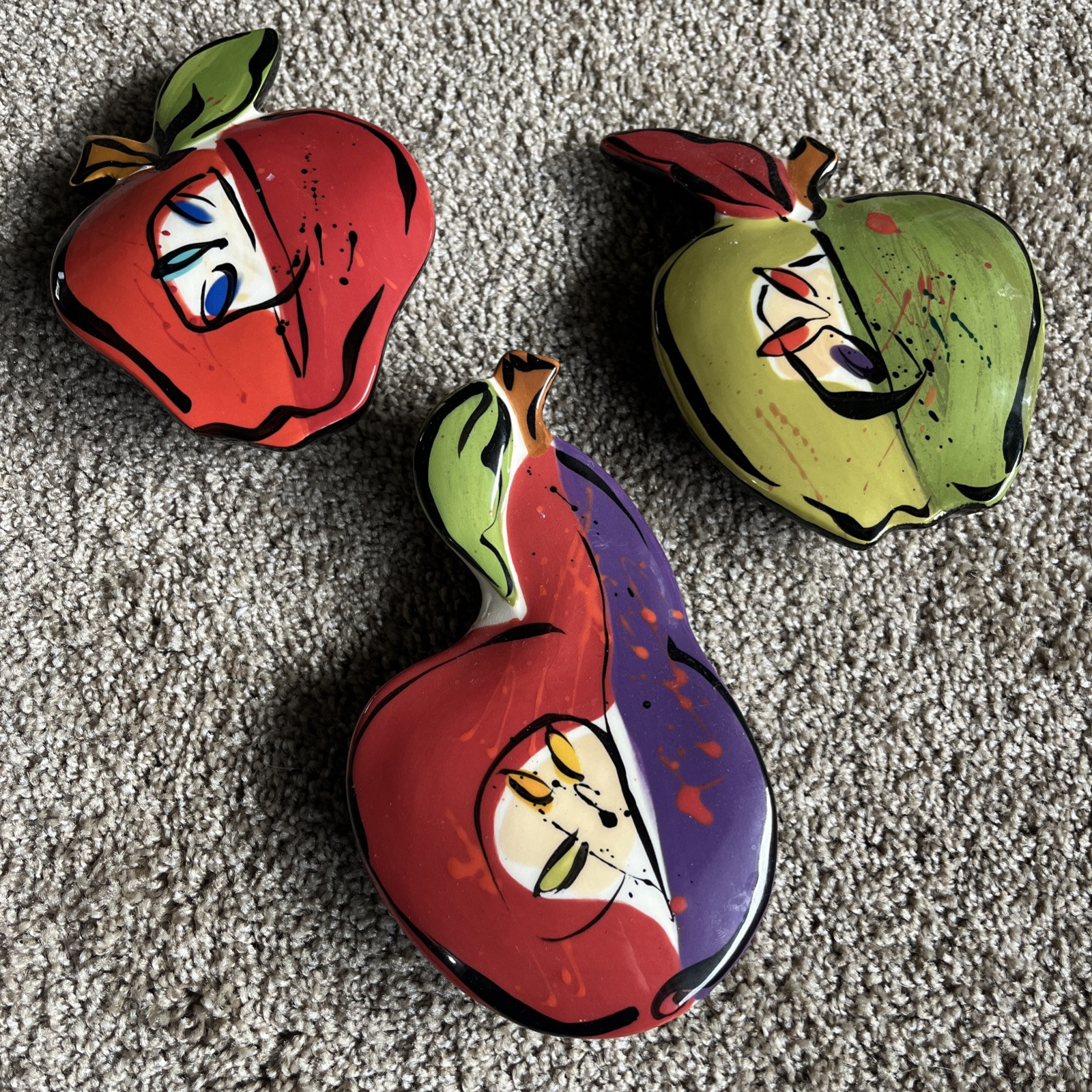VTG Kathryn Youngs Ferocious Fruit Ceramic Wall Art Apple Pear Kitchen (THREE)