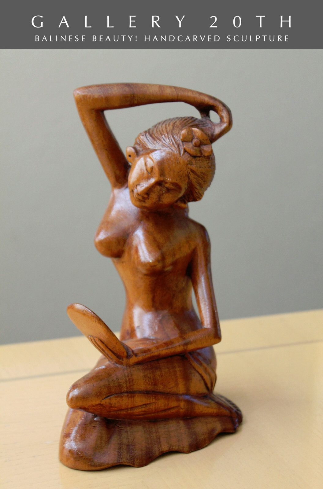 A BEAUTY MID CENTURY HANDCARVED WOOD BALINESE WOMAN SCULPTURE VTG STATUE 60'S
