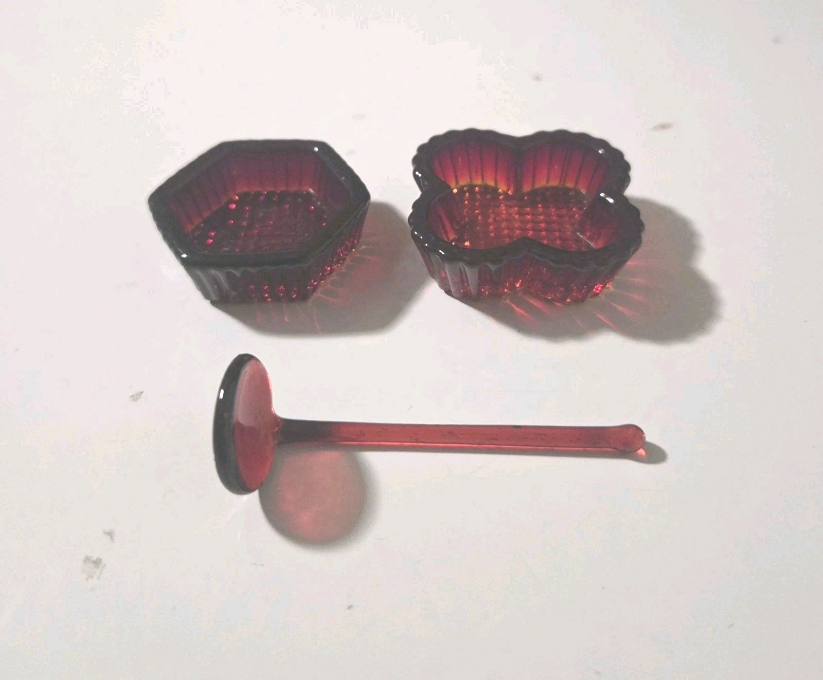 Vintage Amberina Red Diamond Pattern Sawtooth Glass Salt Cellar Set 2 With Spoon