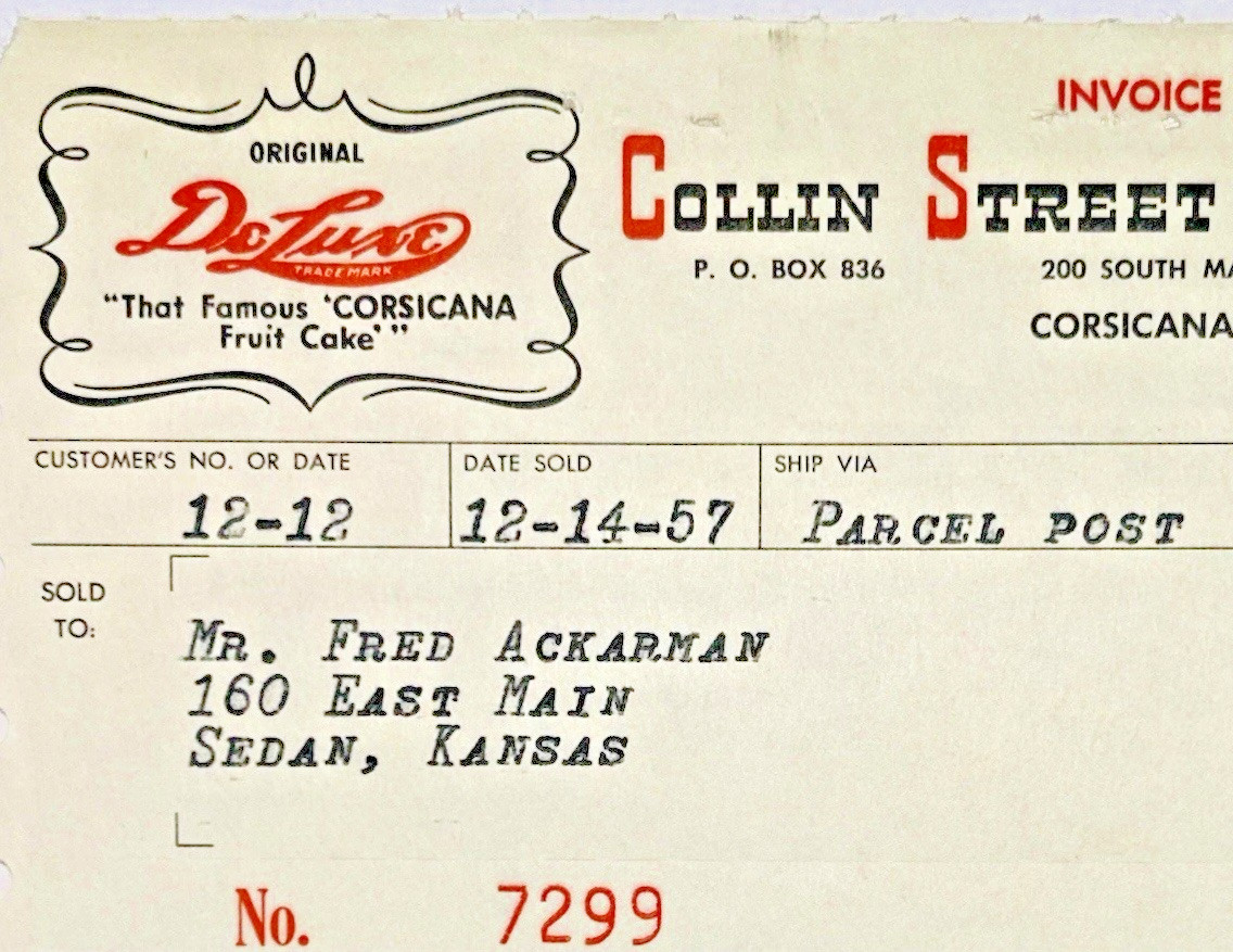 Collin Street Bakery Sales Receipt Fruitcake Advertising Invoice Corsicana Texas