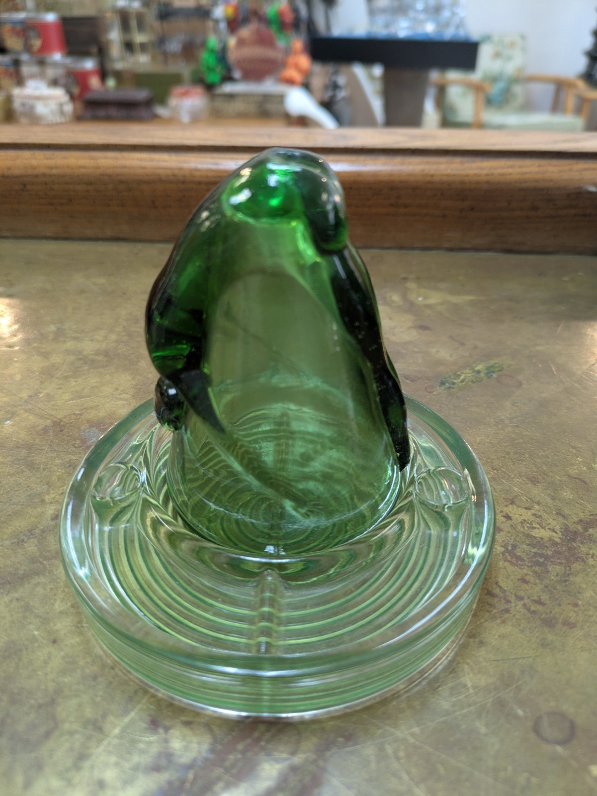 Vintage McKee Glass Bottoms Up Shot Glass Coaster Ashtray Green Dep Glass 1930s