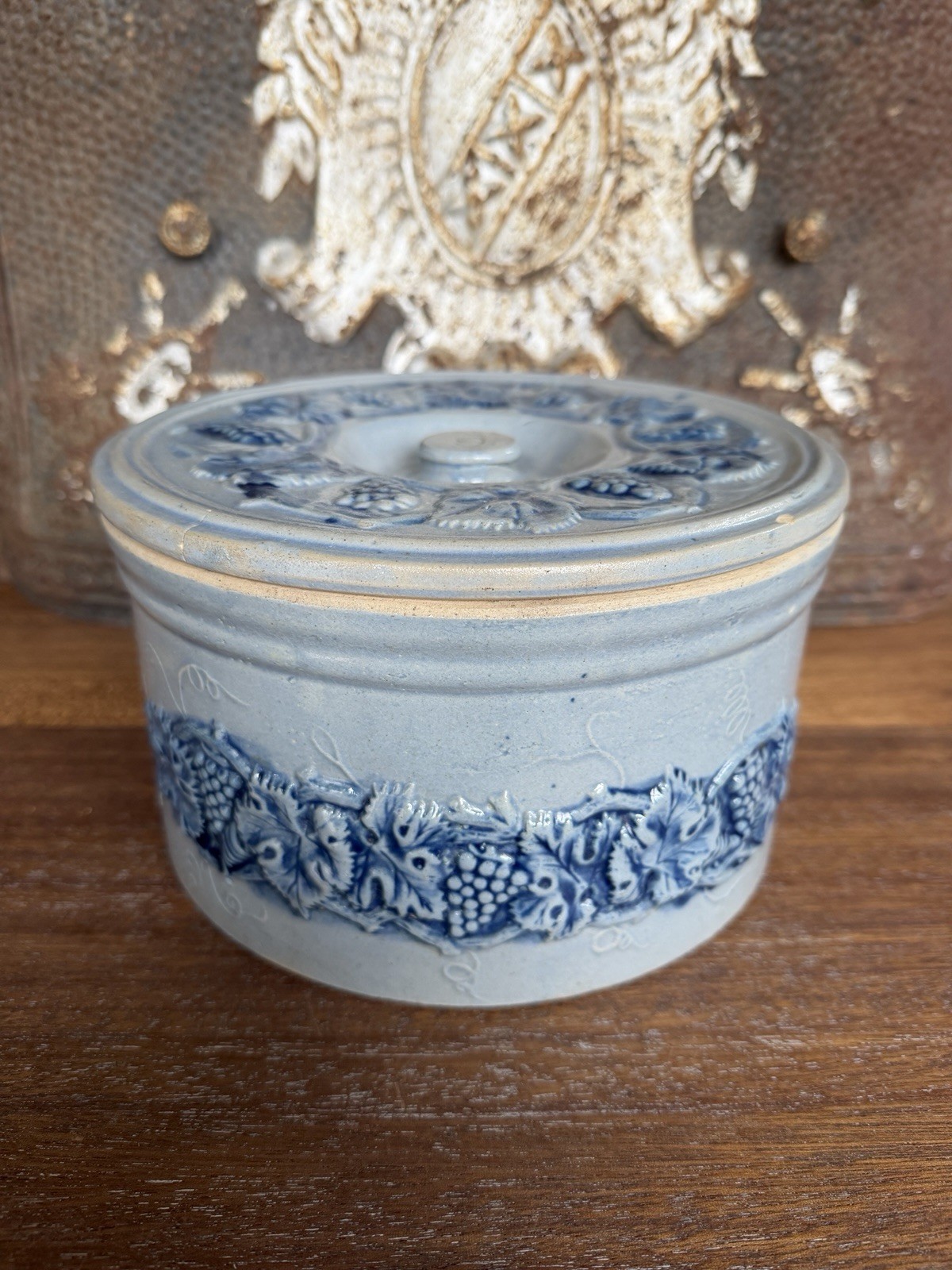 Antique Blue Stoneware Butter Crock w Lid, Embossed Grapes & Leaves, c. 1900