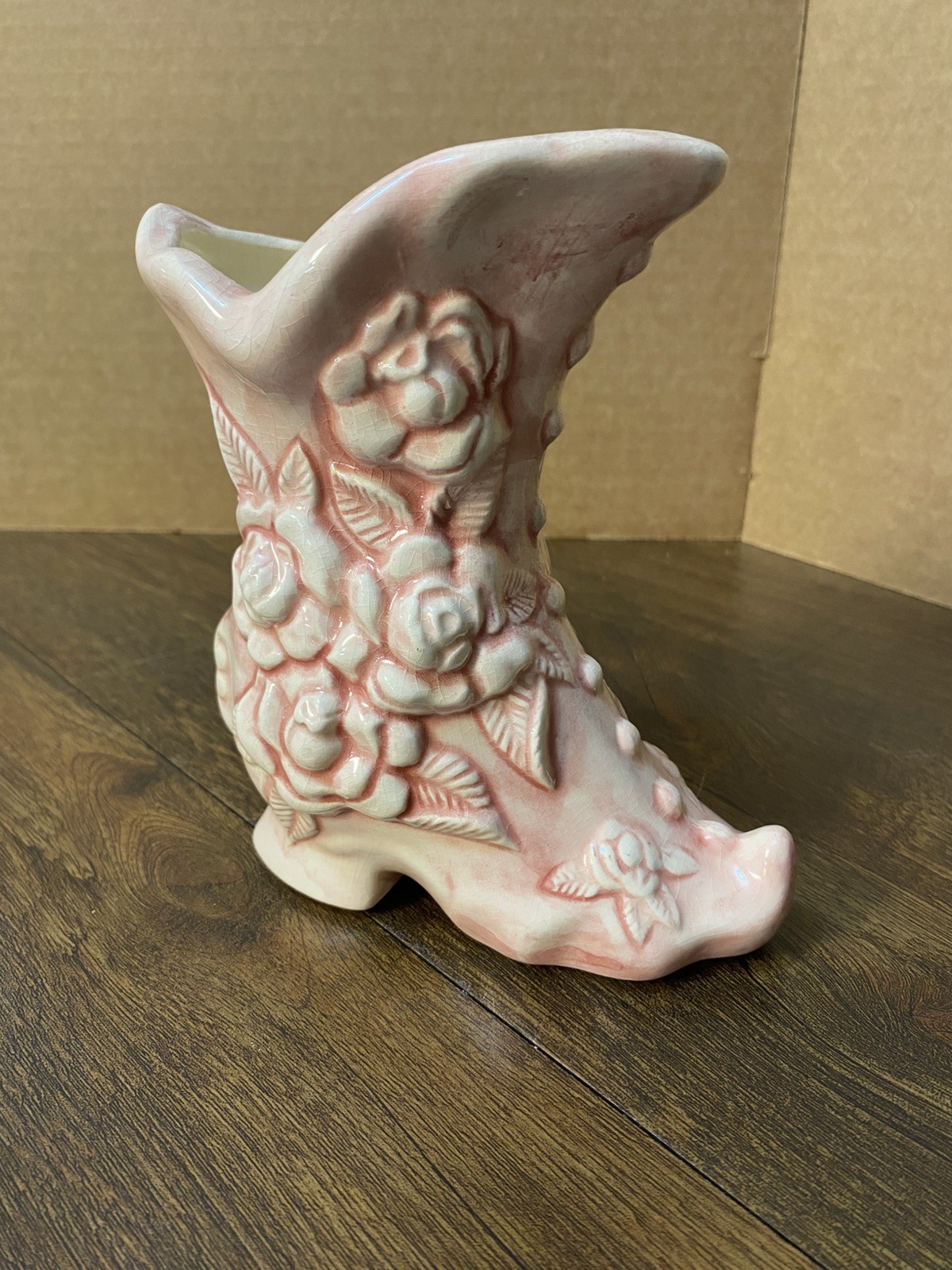 Vintage Ceramic Boot Shoe Planter Vase Pink With 3 Dimensional Roses Cute 